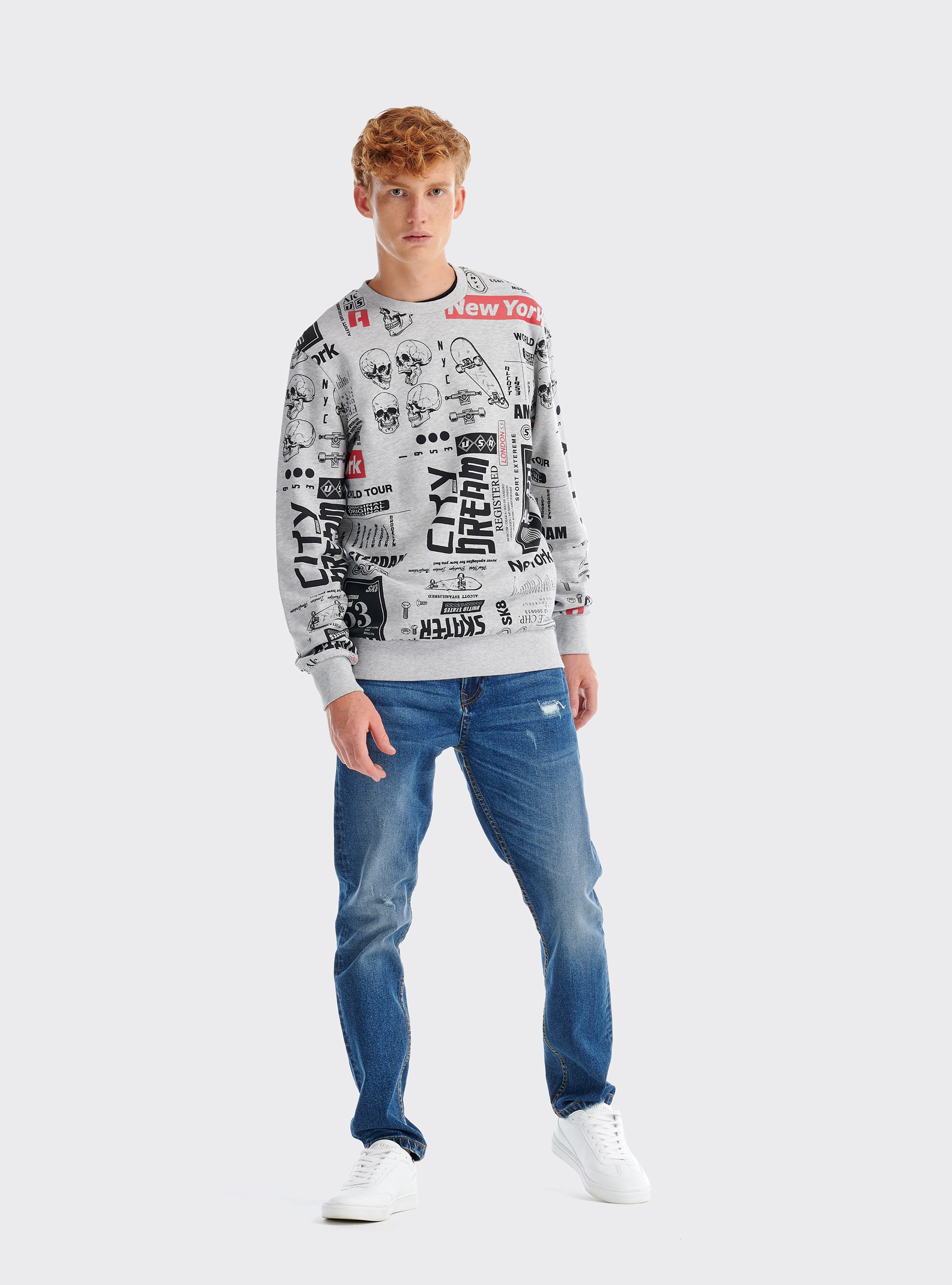 Felpa girocollo stampa all over in cotone sostenibile, GRIGIO CHIARO MELANGE