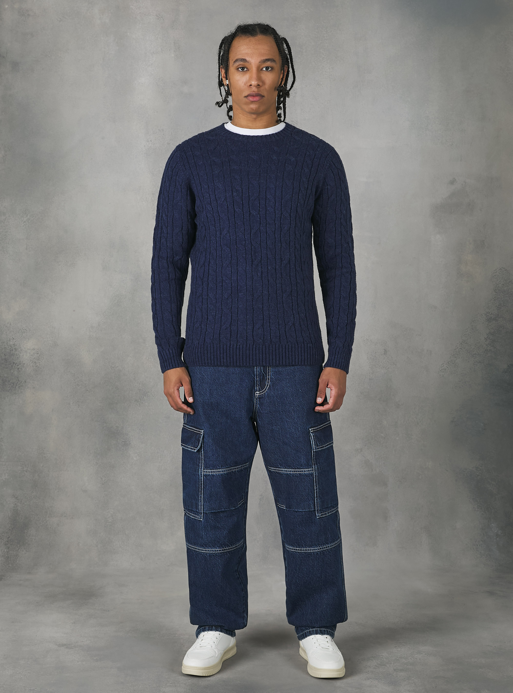 Crew-neck pullover with braids, MNA2 NAVY MEL MED