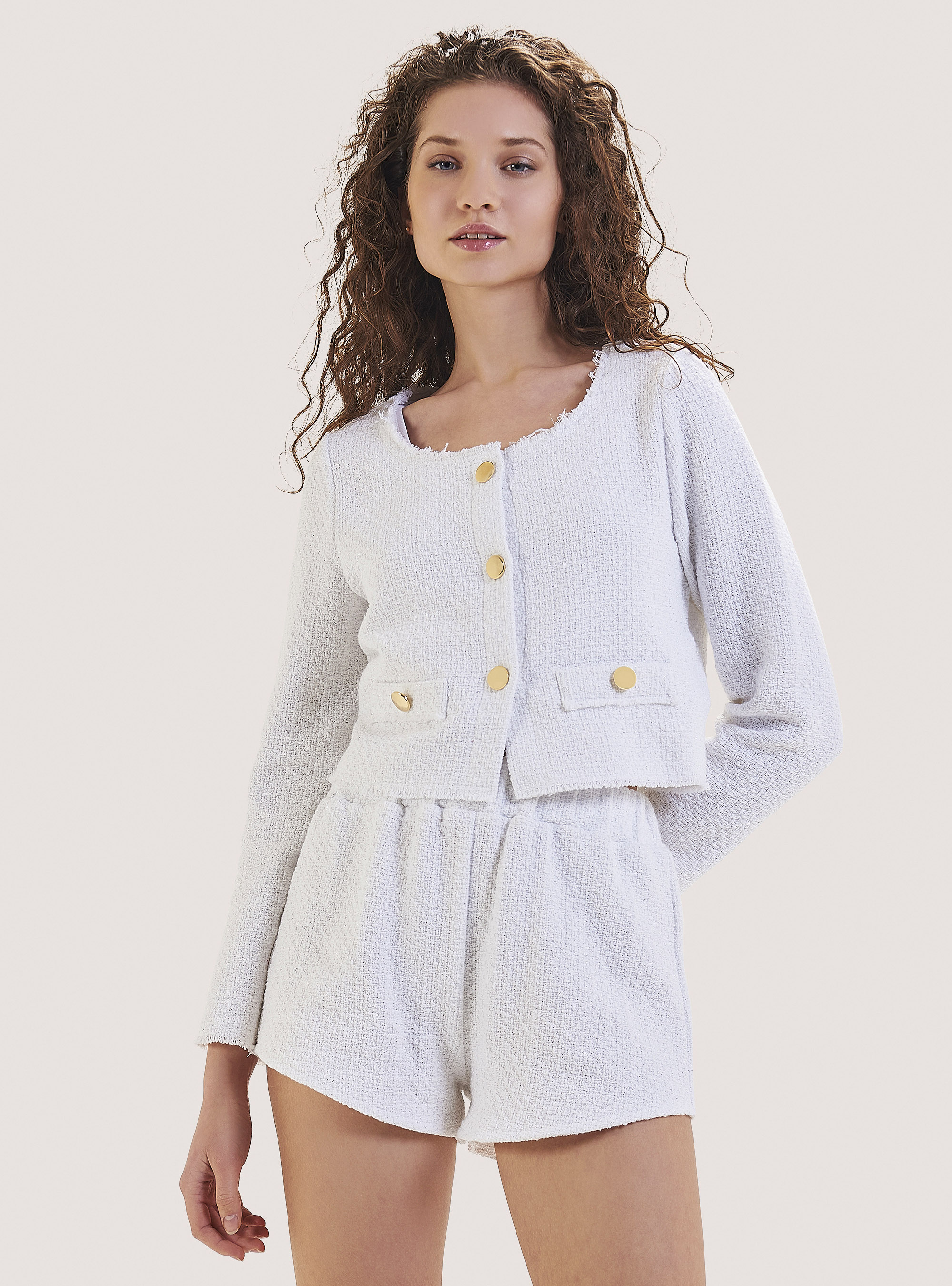 Boucl&eacute; fabric crew neck blazer, C0578 BEIGE