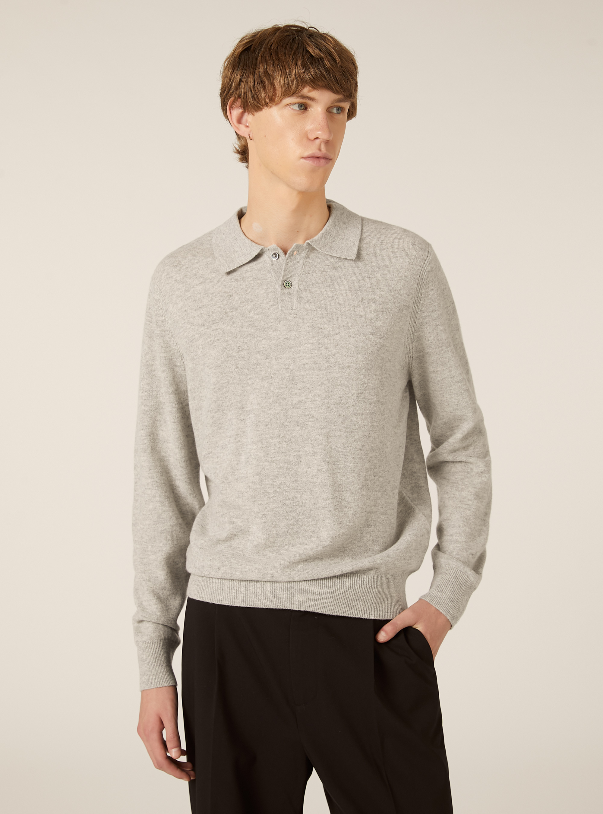 Polo in maglia mezza placchetta in cashmere, MGY2 GREY MEL MEDIUM
