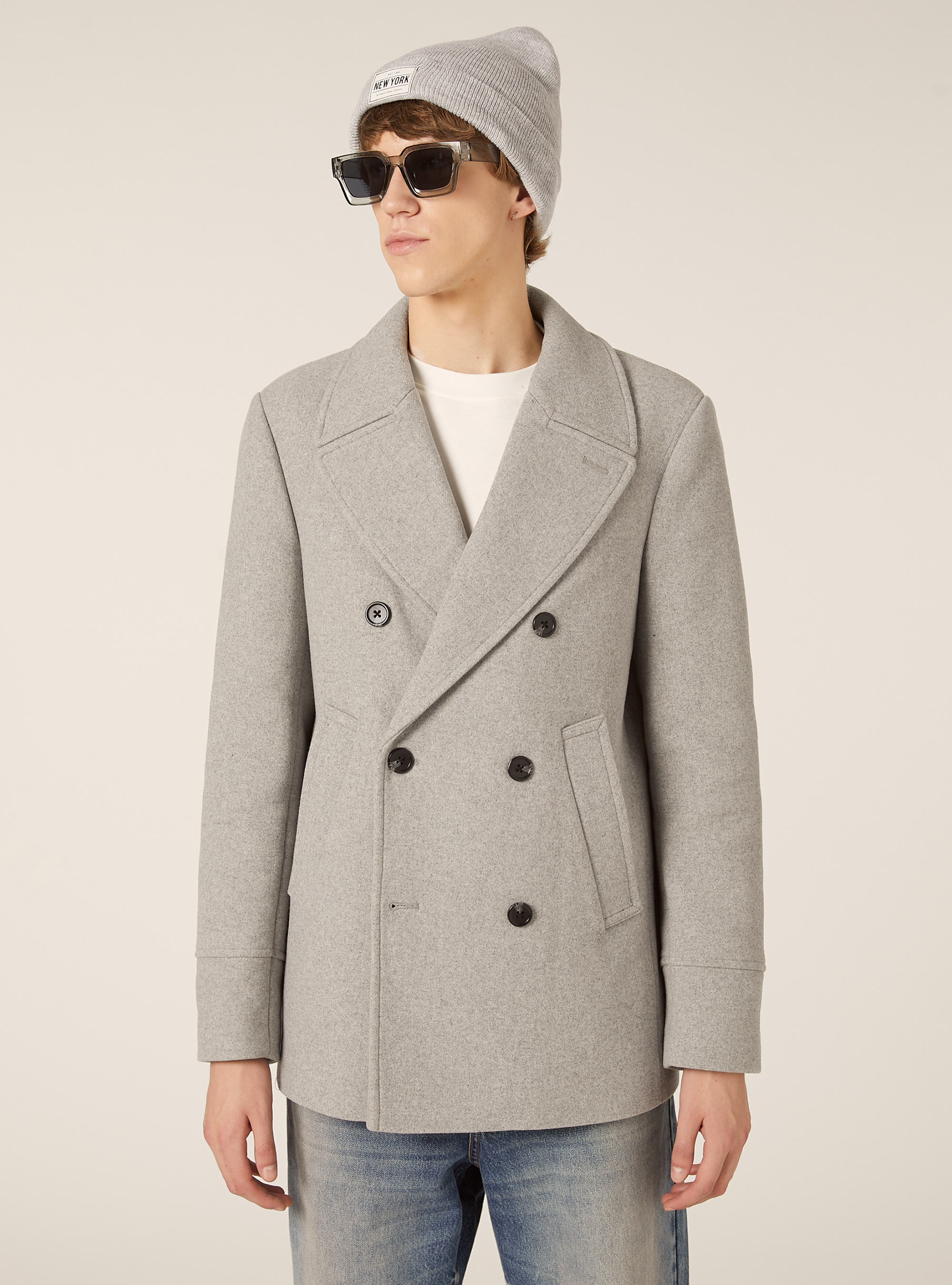 Double-breasted pea coat, MGY3 GREY MEL LIGHT