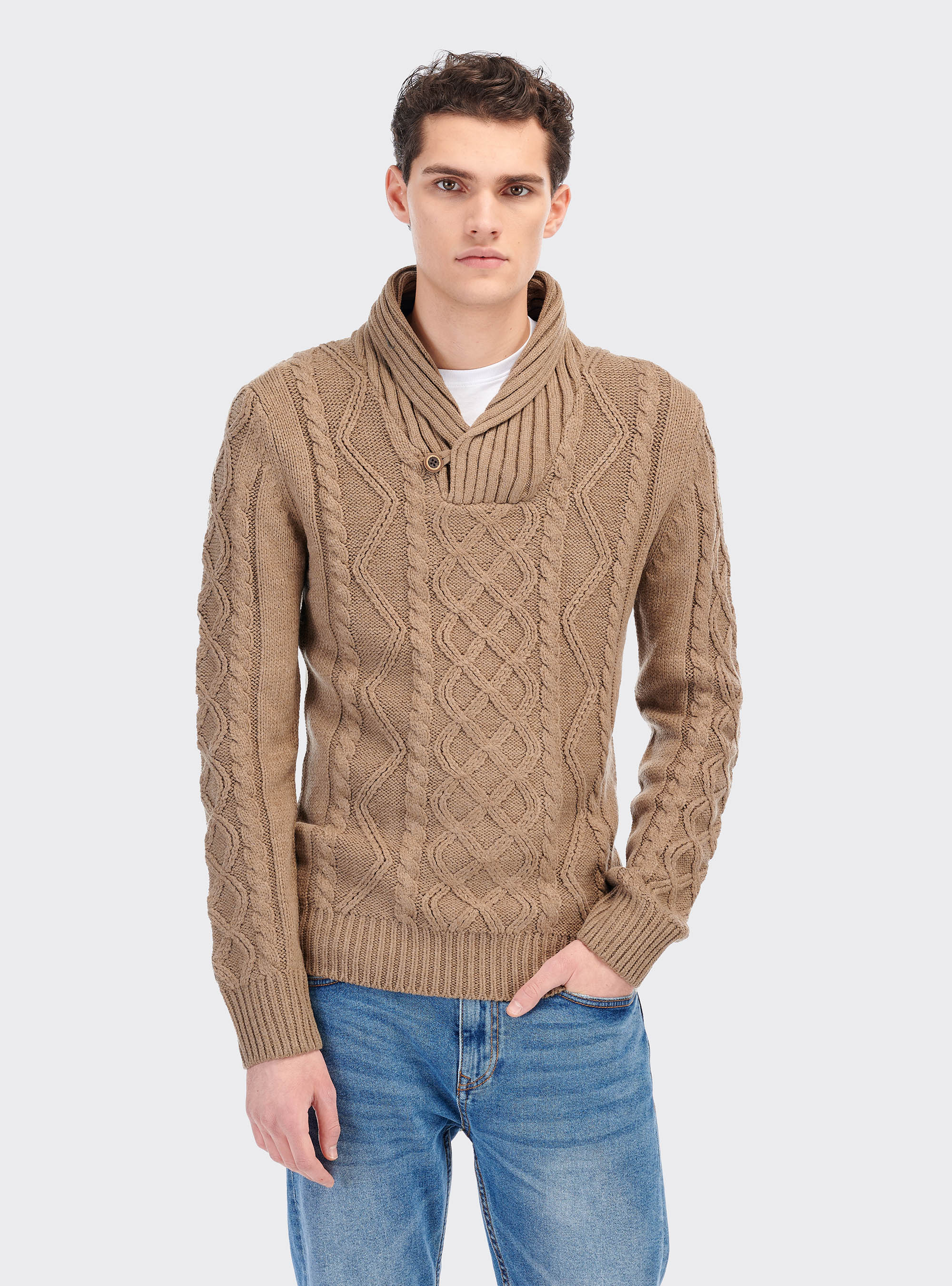 Pullover collo sciallato, MARRONE CHIARO