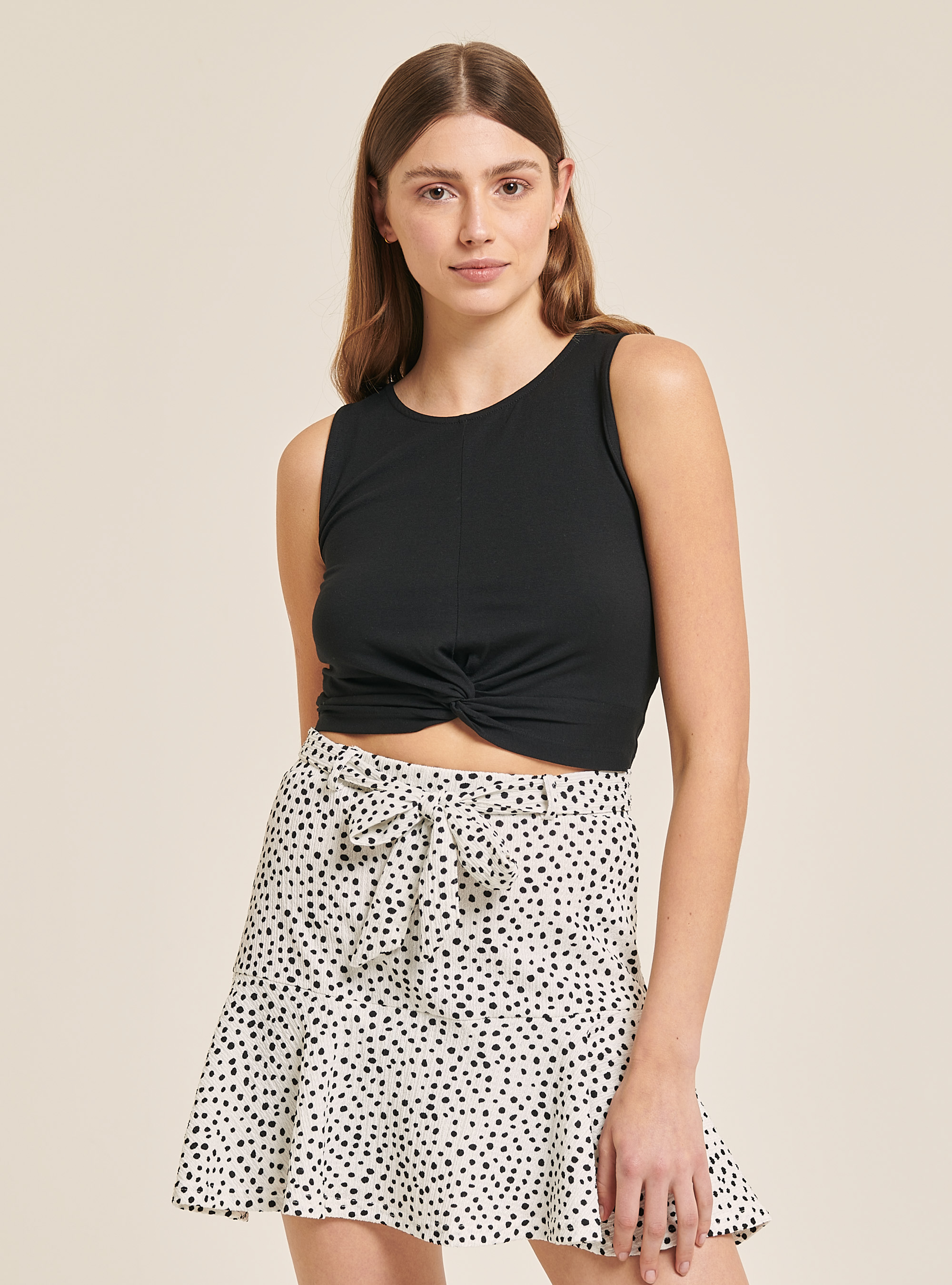 Basic tank top with knot in cotton, BLACK