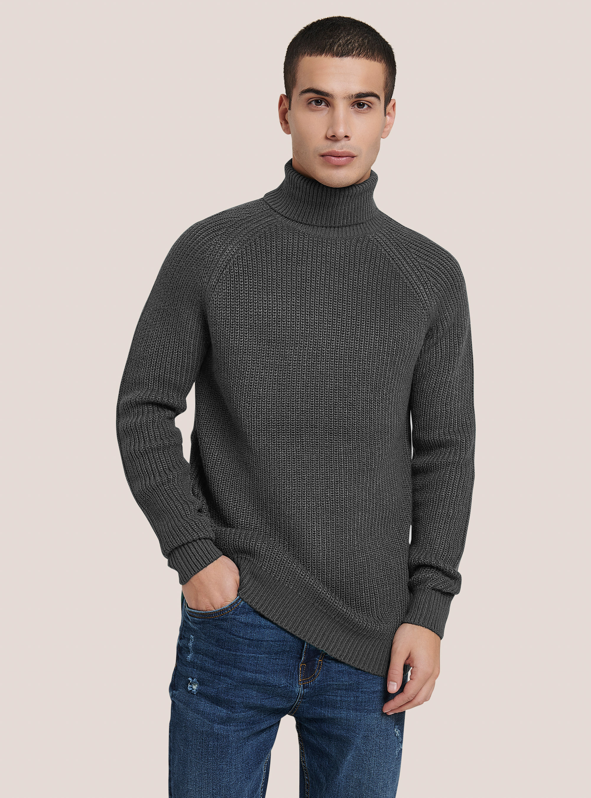 Pullover caldo collo alto a coste inglesi, MGY1 GREY MEL DARK