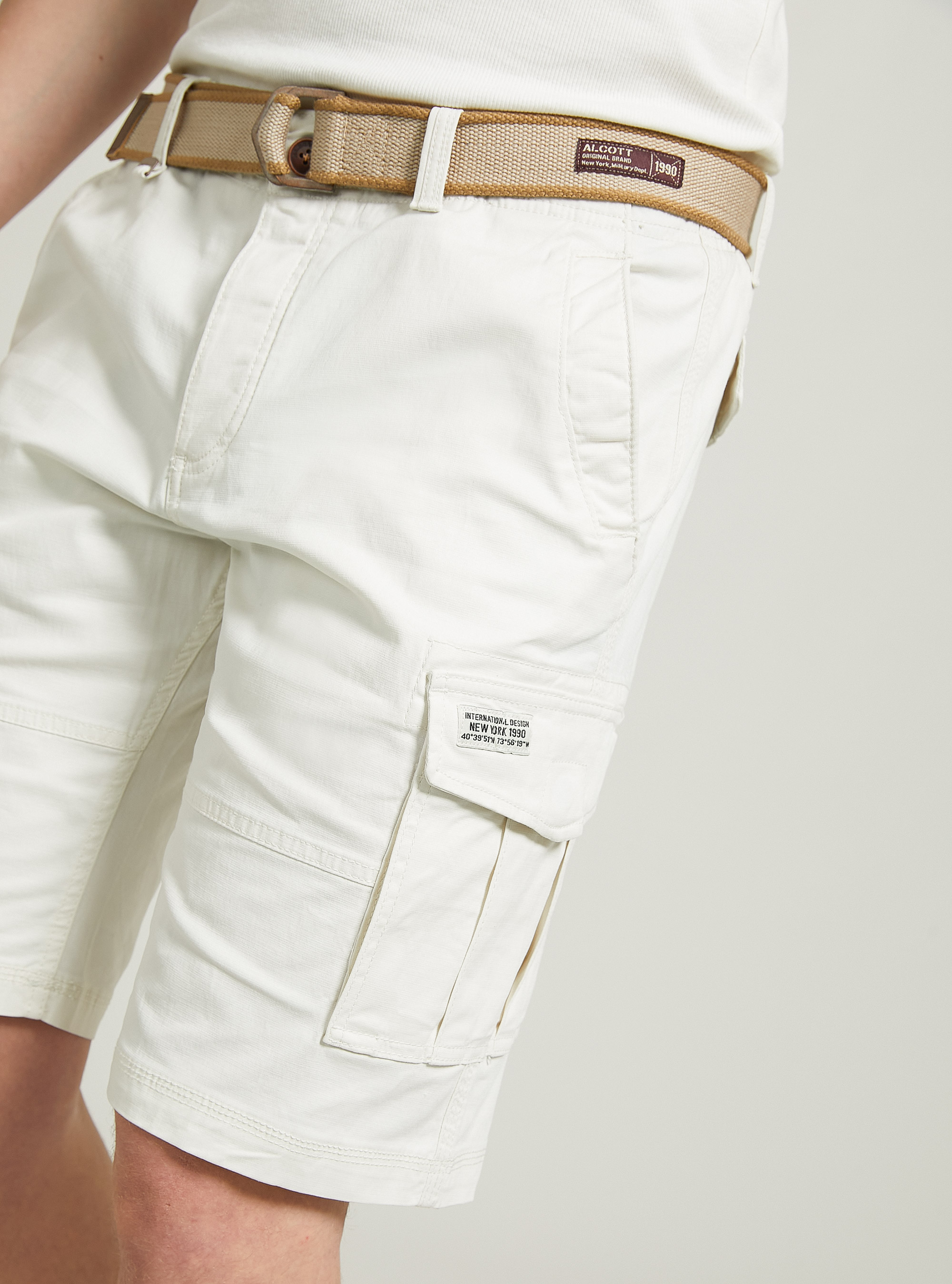 Cotton cargo bermuda with canvas belt, WH1 OFF WHITE