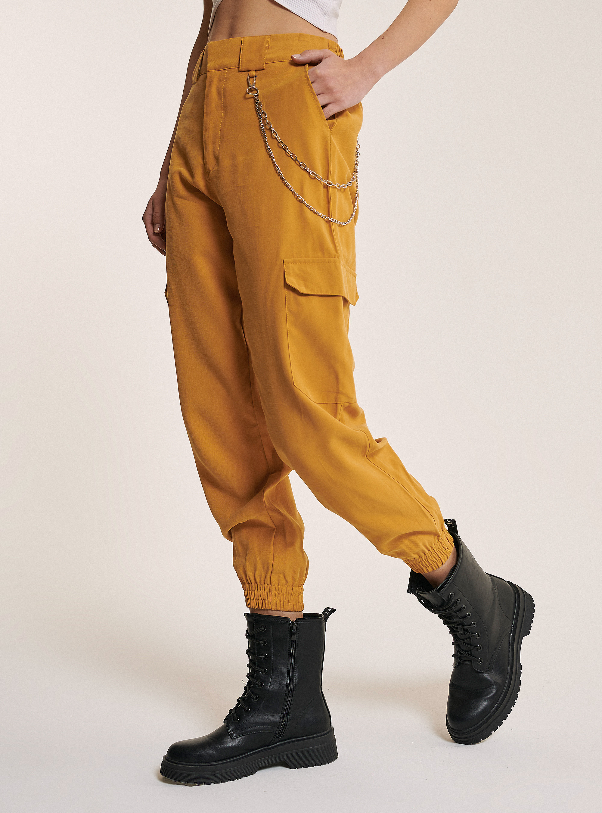 Comfort fit trousers with maxi pockets and chains, C7719 SENAPE
