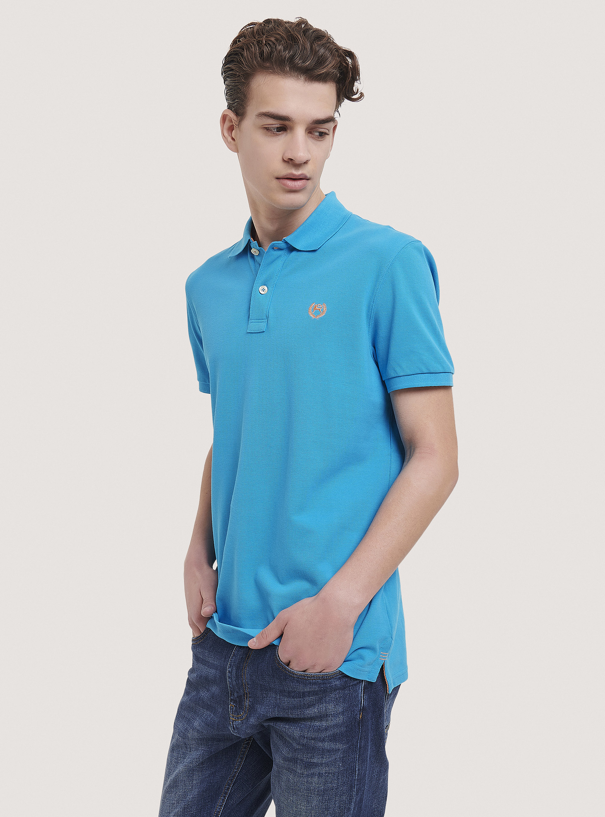Cotton pique polo shirt with embroidery, C2330 AZZURRE