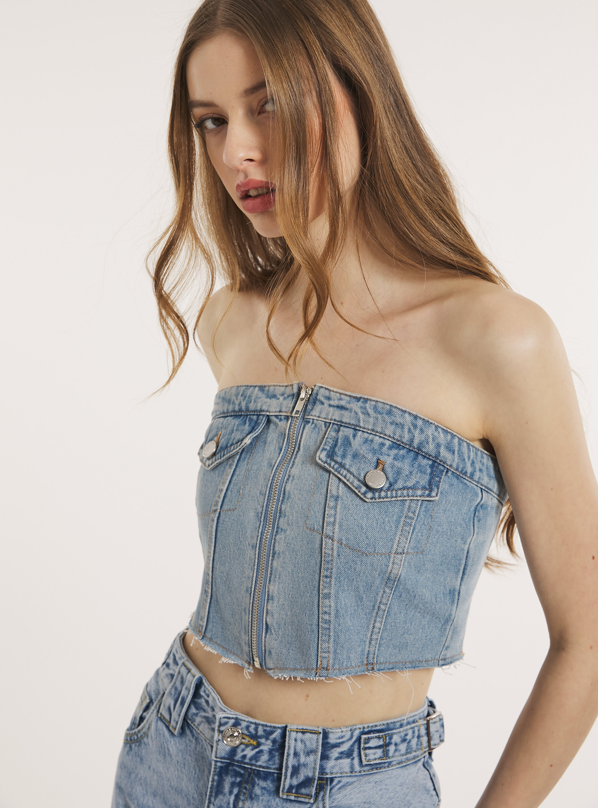 Denim bustier with zip, D006 AZURE