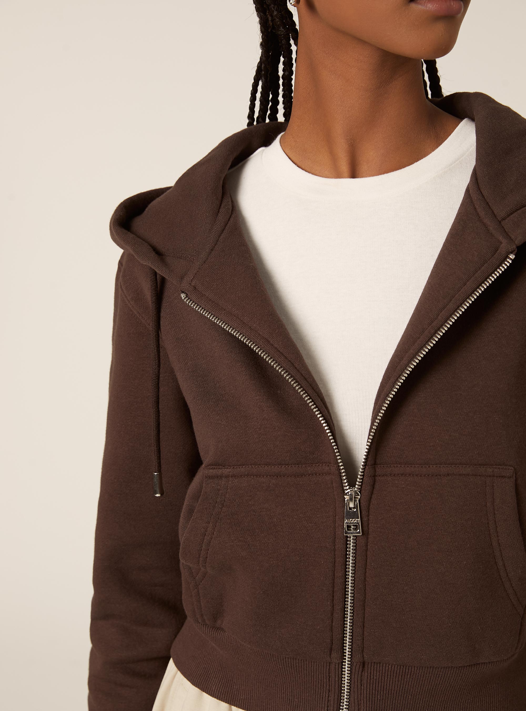 Sweat à capuche zippé court, BR1 BROWN DARK