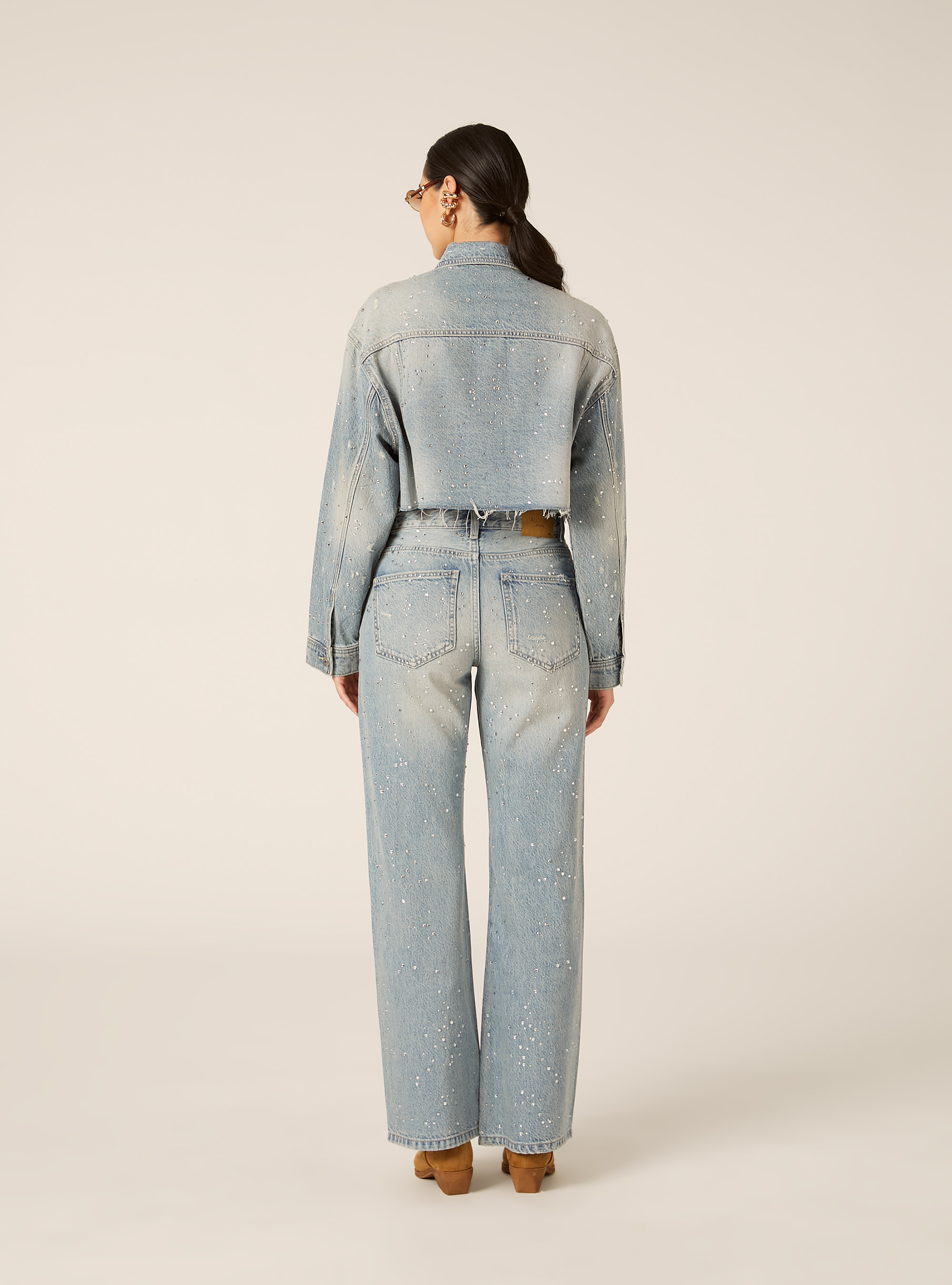 Giubbotto crop in denim con strass, D006 AZURE