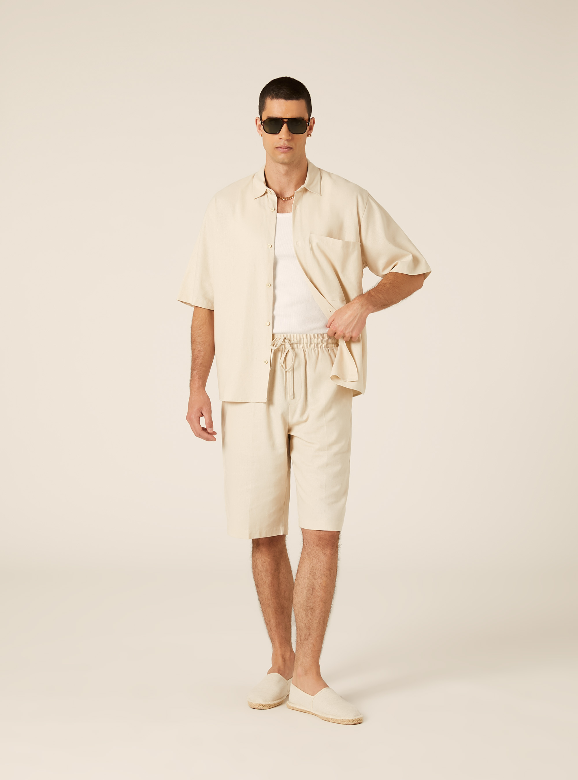 Camicia  in misto lino  con taschino, BG2 BEIGE MEDIUM