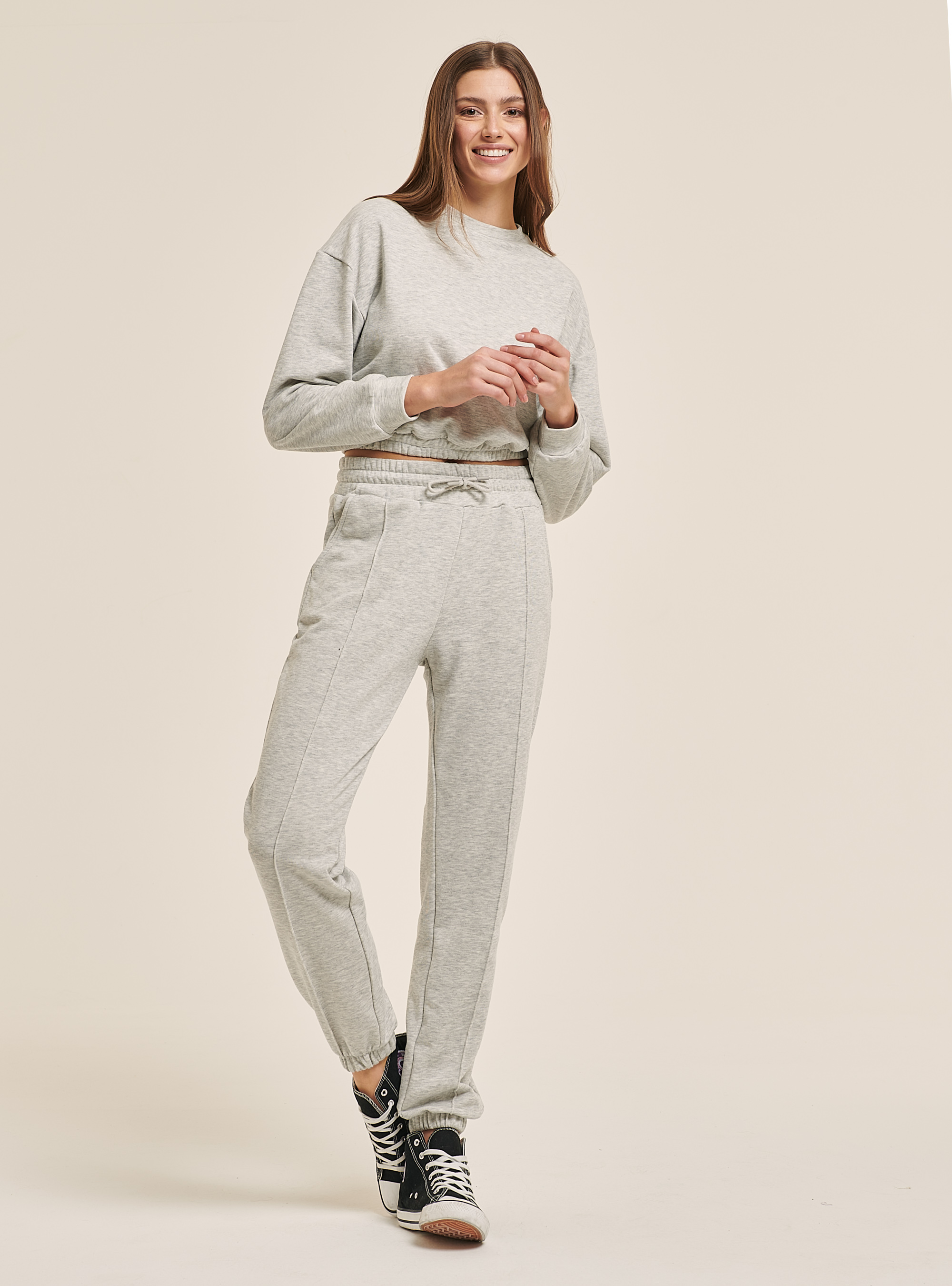 Cropped basic sweatshirt with elastic band, C148 ICE MELANGE