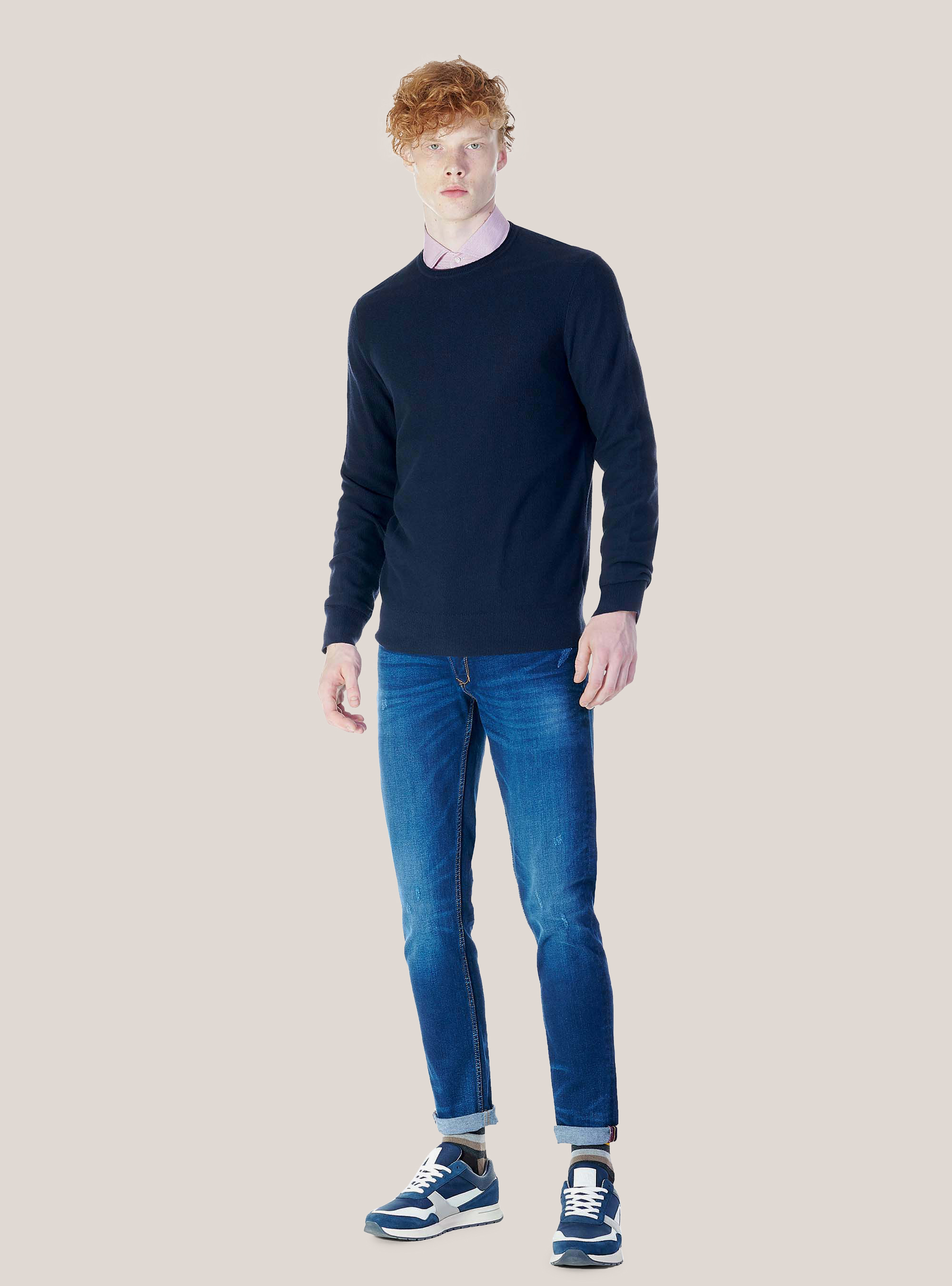 Maglia girocollo in misto cashmere, BLU MARINO