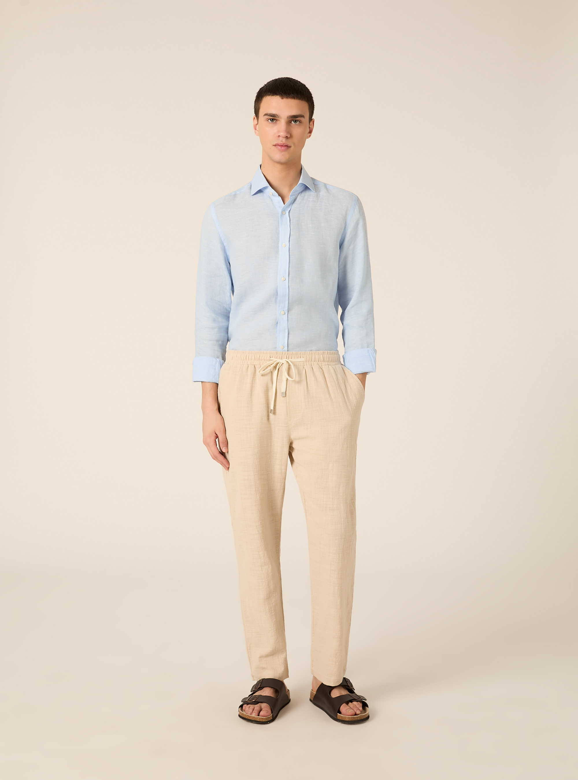 Pantaloni in cotone con laccio in vita, BG3 BEIGE LIGHT