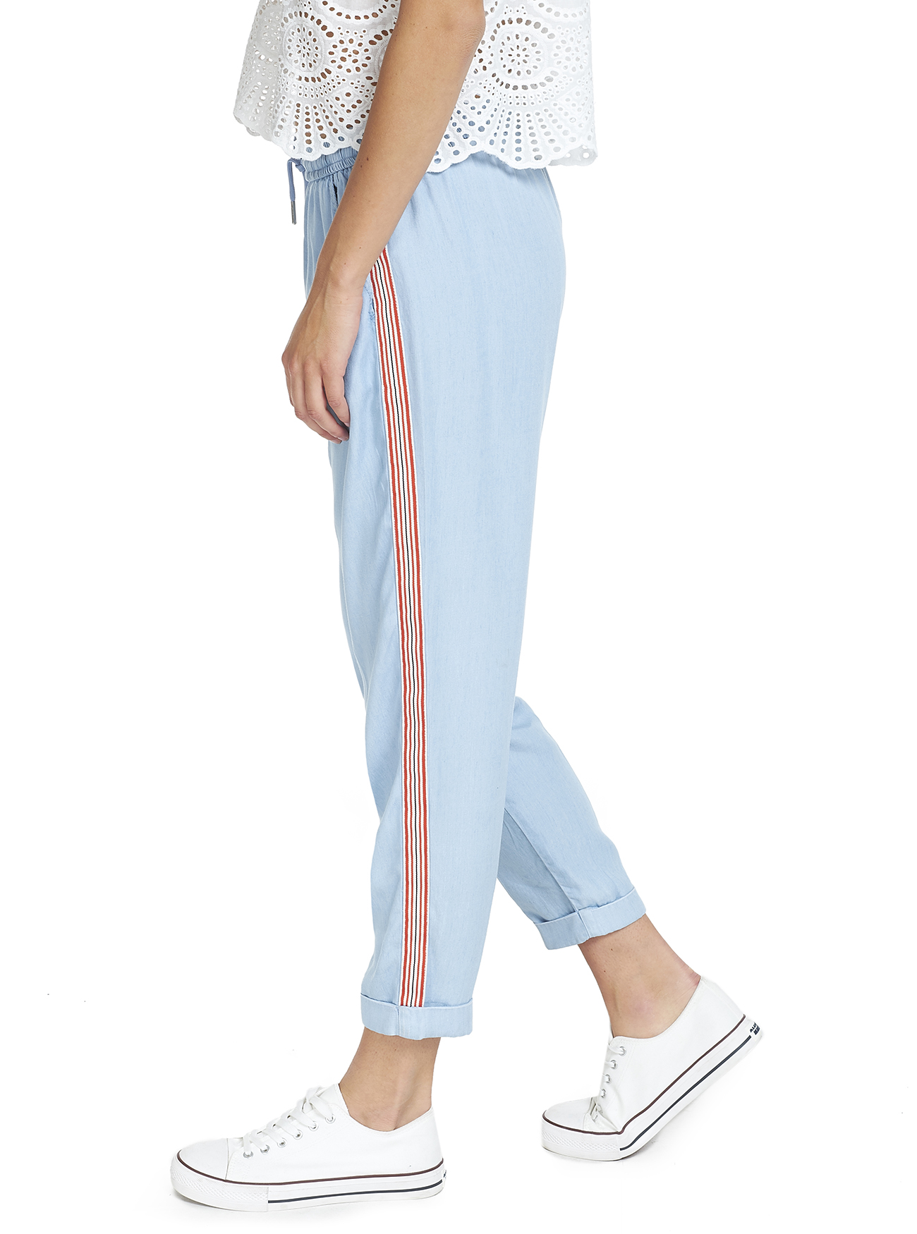 Jogger in tessuto leggero effetto denim con bande laterali a contrasto, BLUE