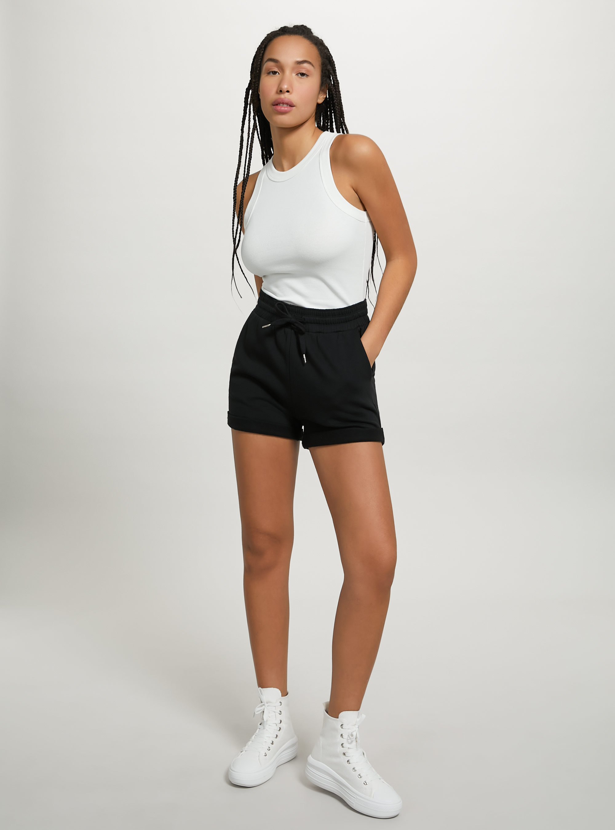 Cotton shorts with turn-ups and drawstrings, BLACK