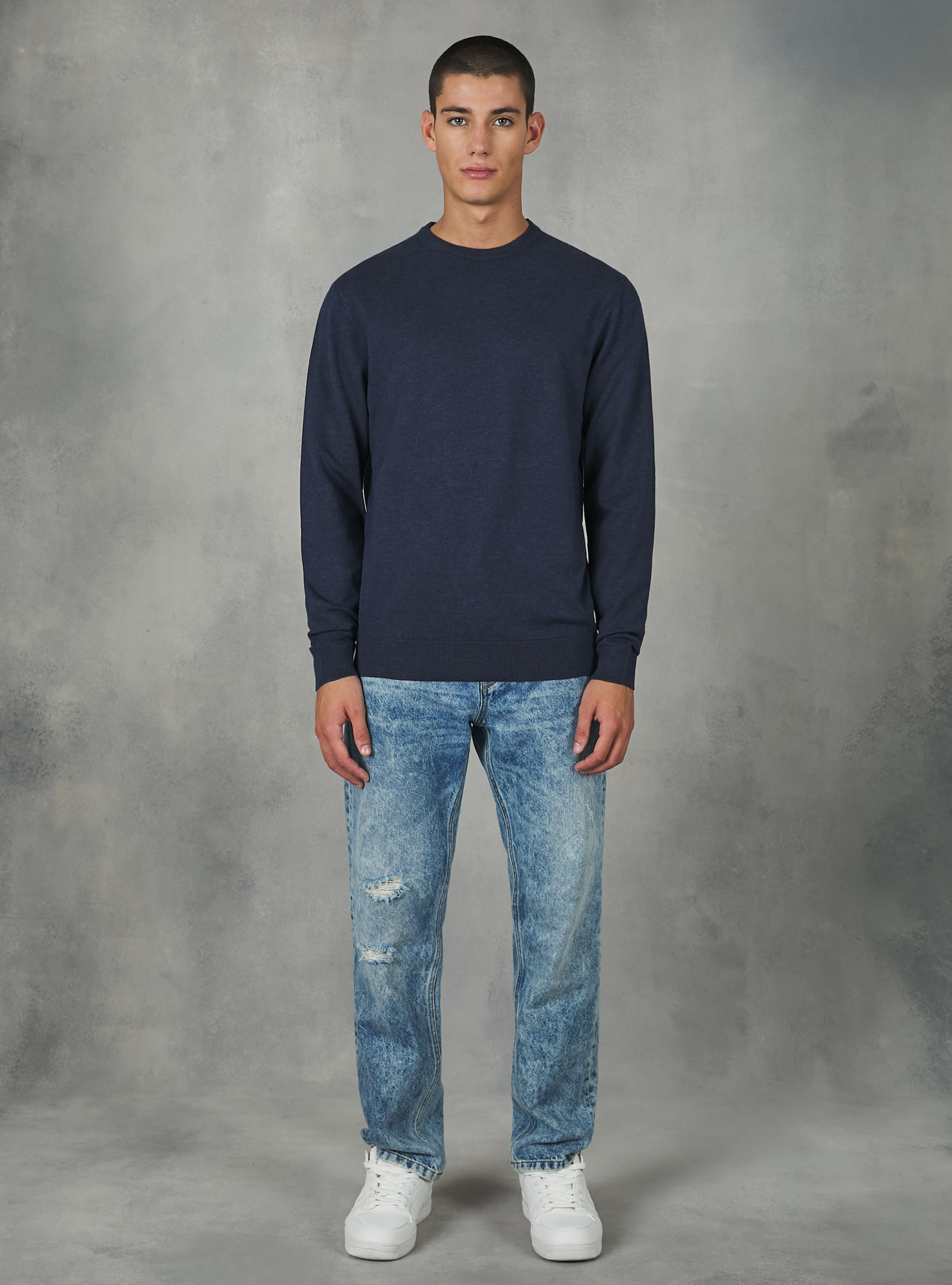 Pull à col ras du cou en viscose durable Ecovero, MNA2 NAVY MEL MED