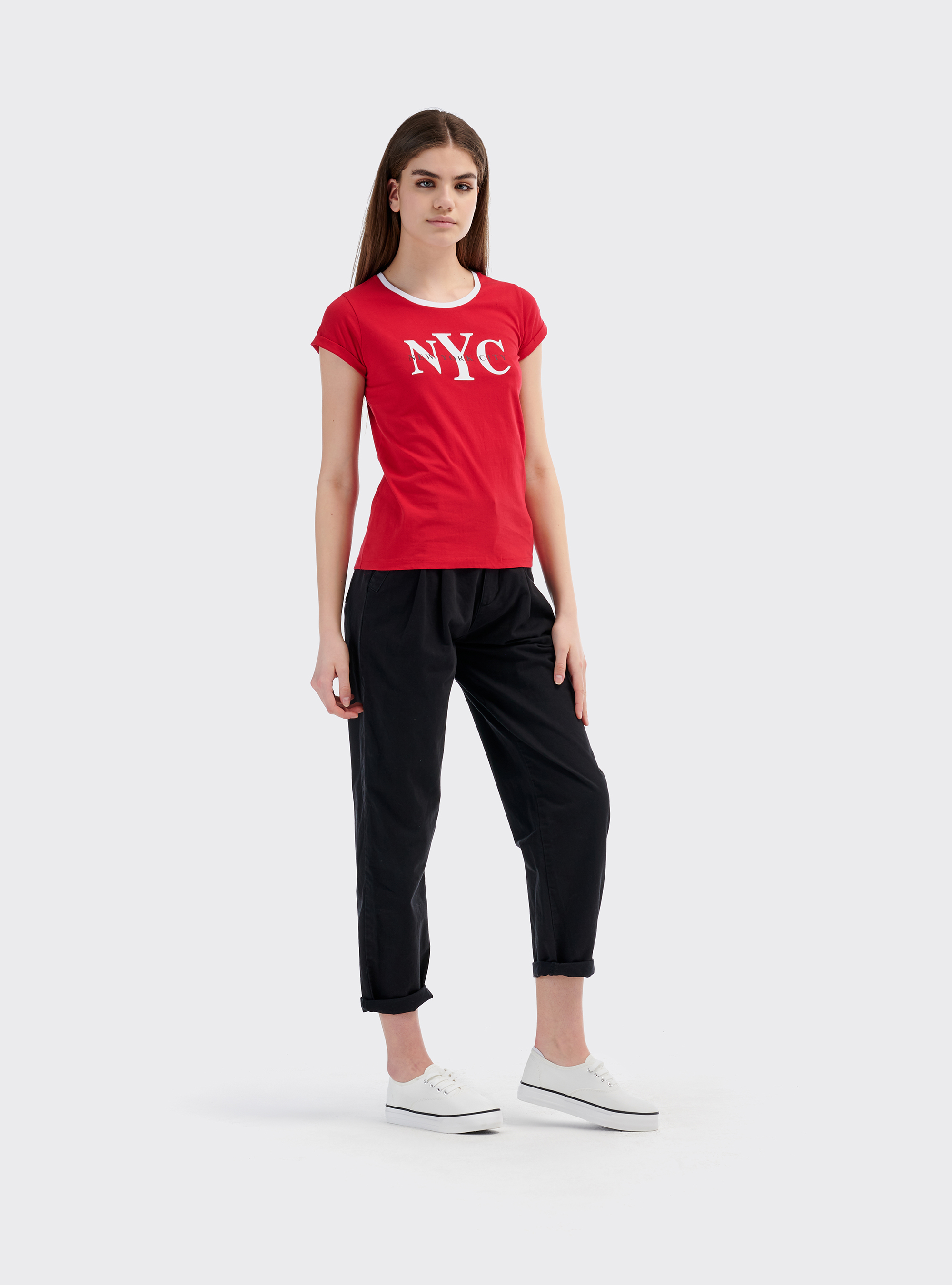 Maglietta con stampa e bordi a contrasto in cotone combed, ROSSO