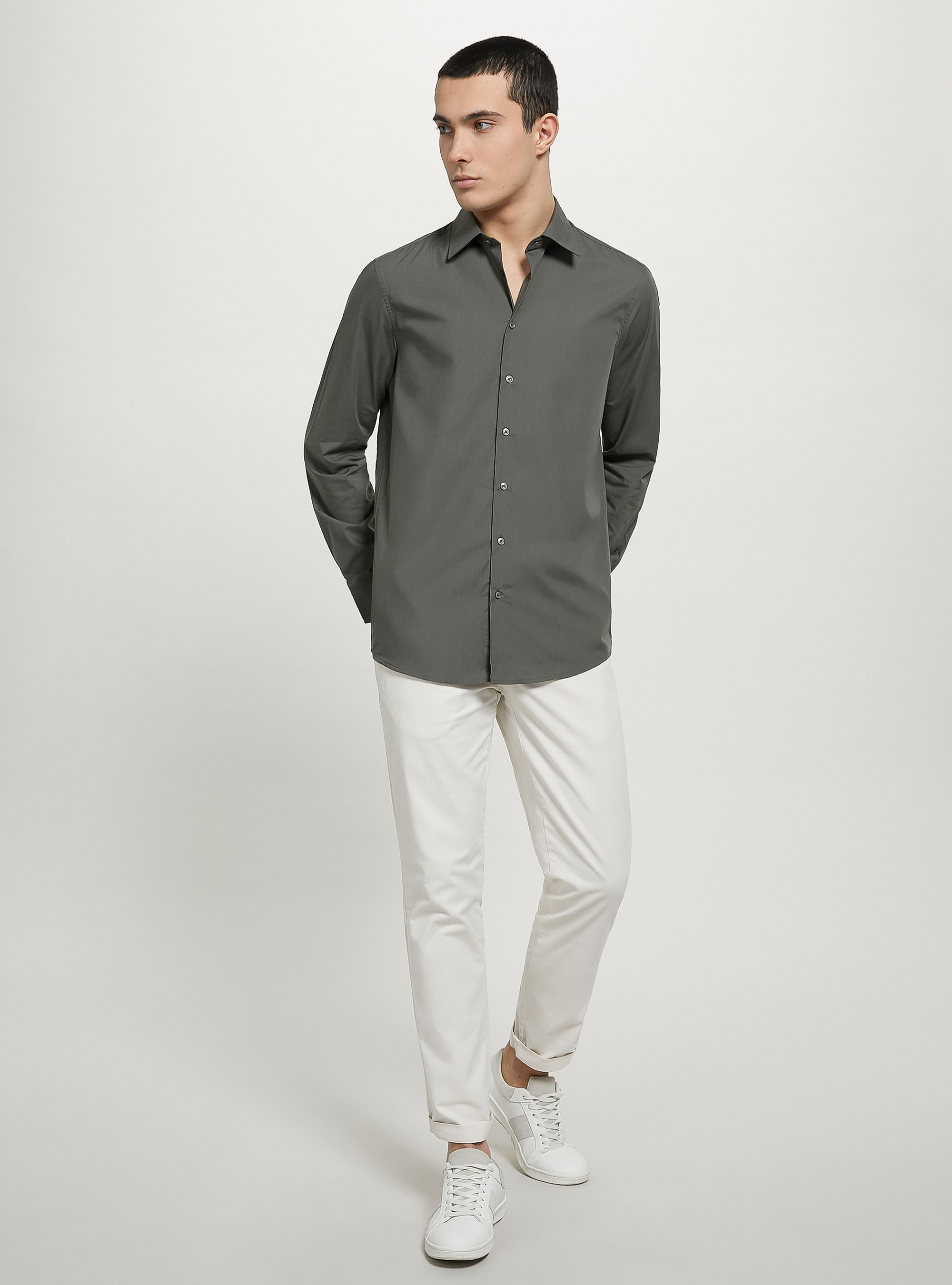 Plain-coloured long-sleeved shirt, KY1 KAKY DARK