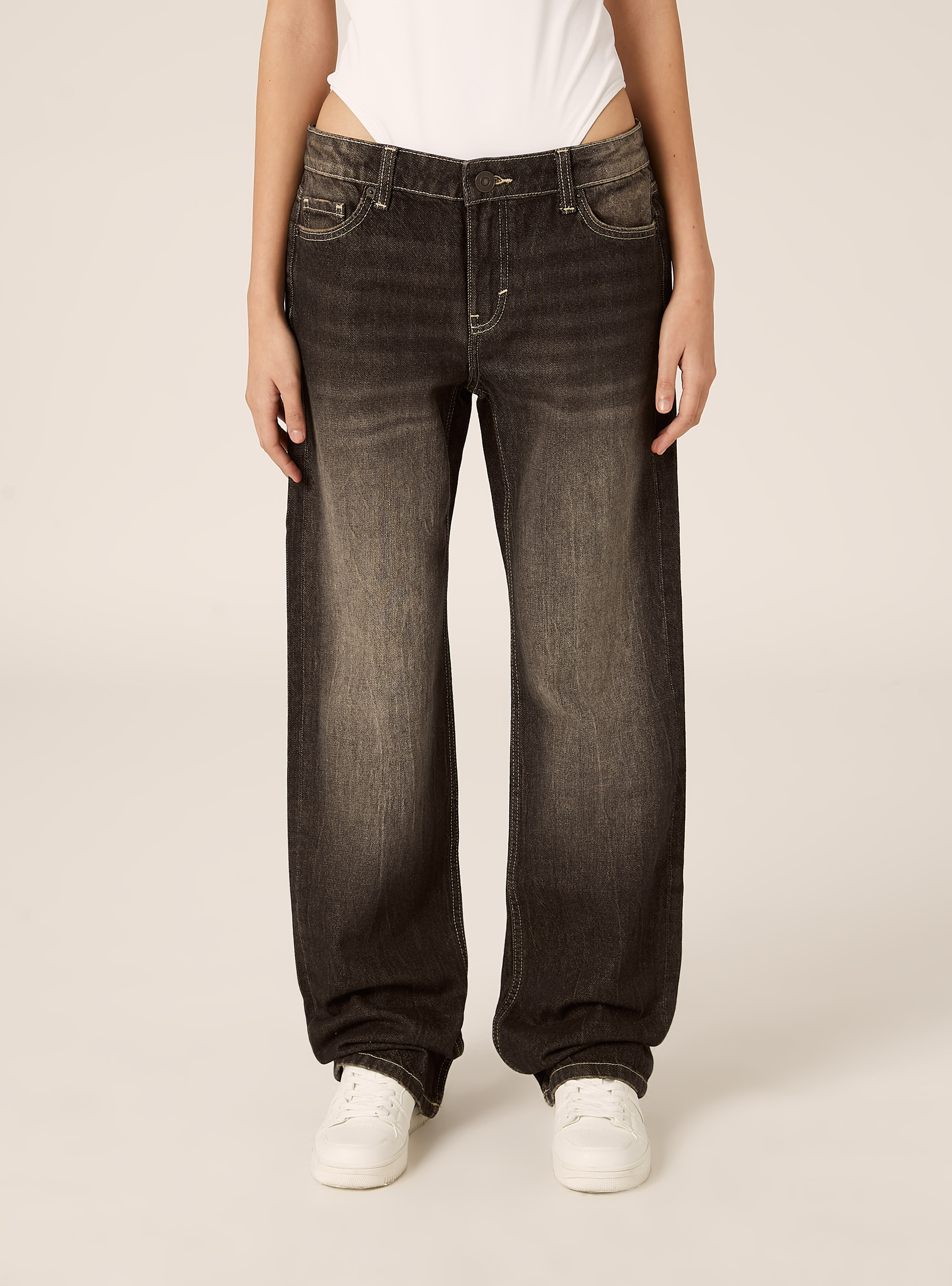 Jeans straight low waist, D000 BLACK