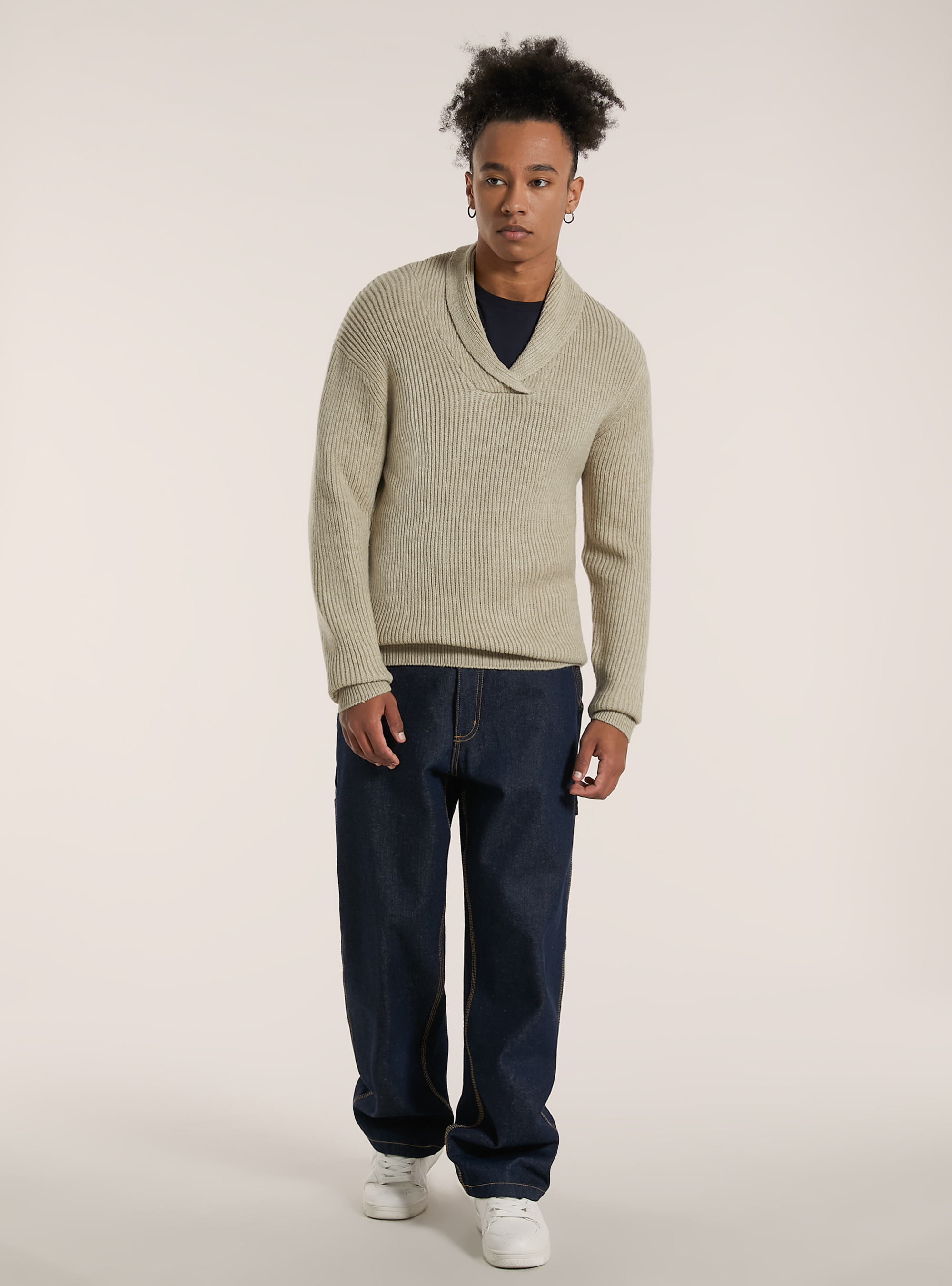 Soft ribbed pullover with raised collar, MBG2 BEIGE MEL MED