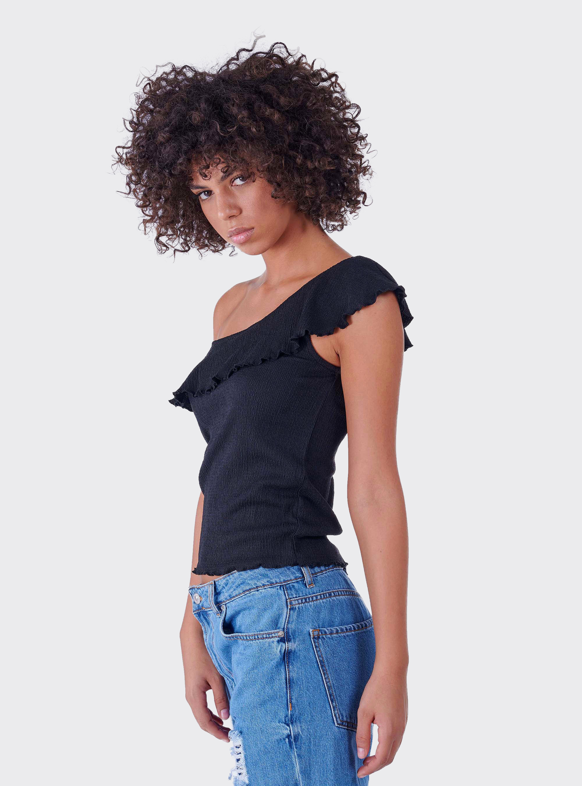 Top monospalla in tessuto elasticizzato, NERO