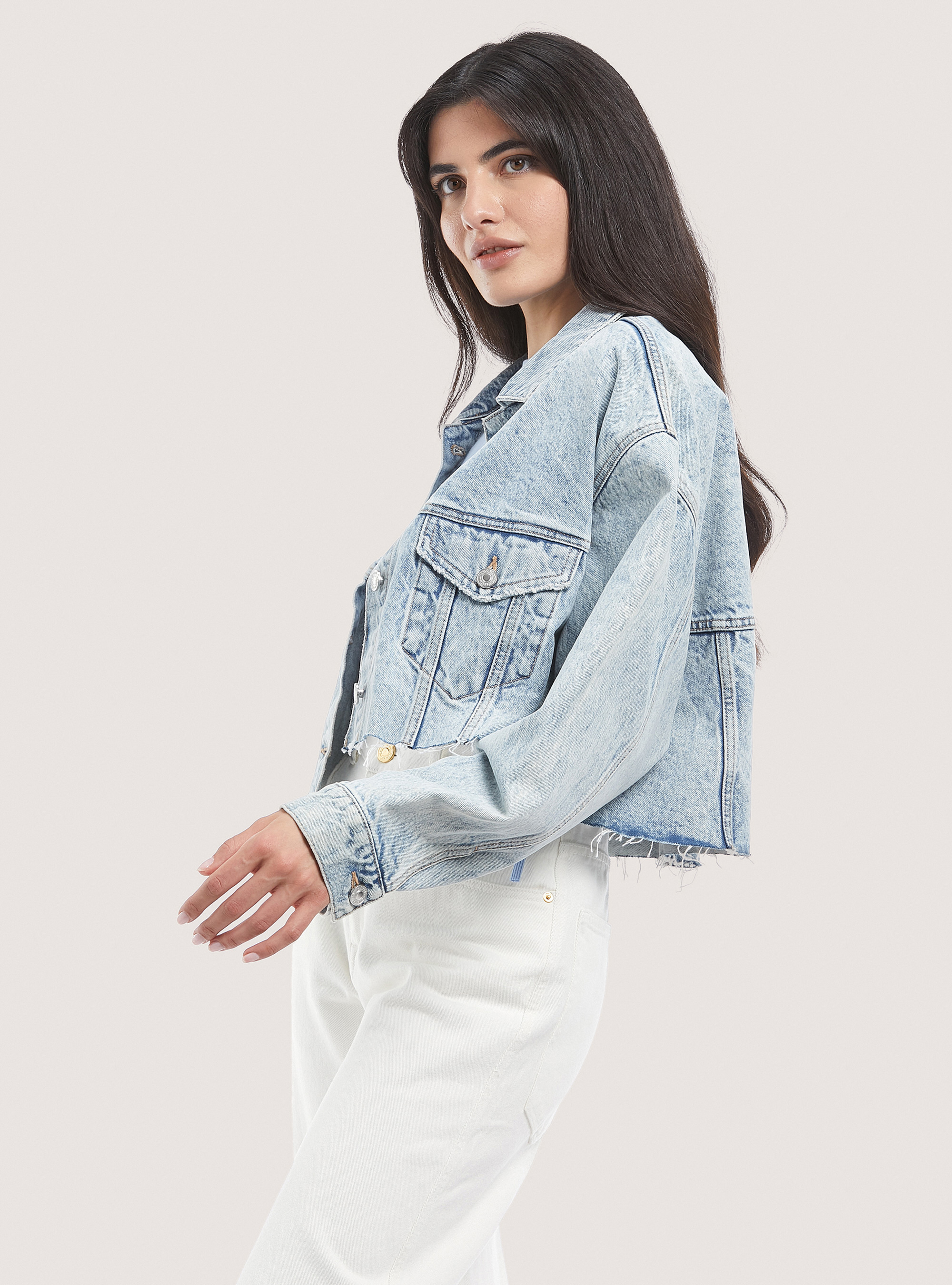 Raw cut denim cropped jacket, AZURE