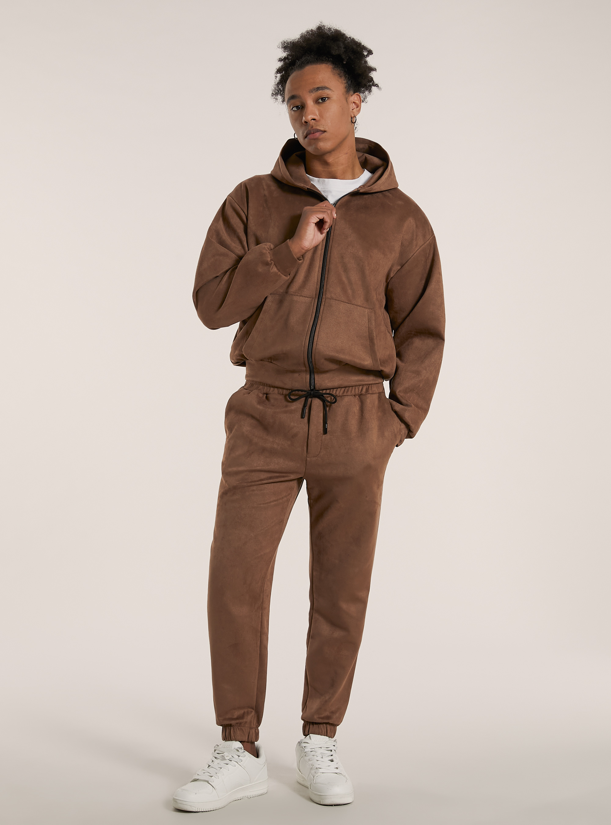 Pantaloni effetto suede e stringa in vita, BR2 BROWN MEDIUM