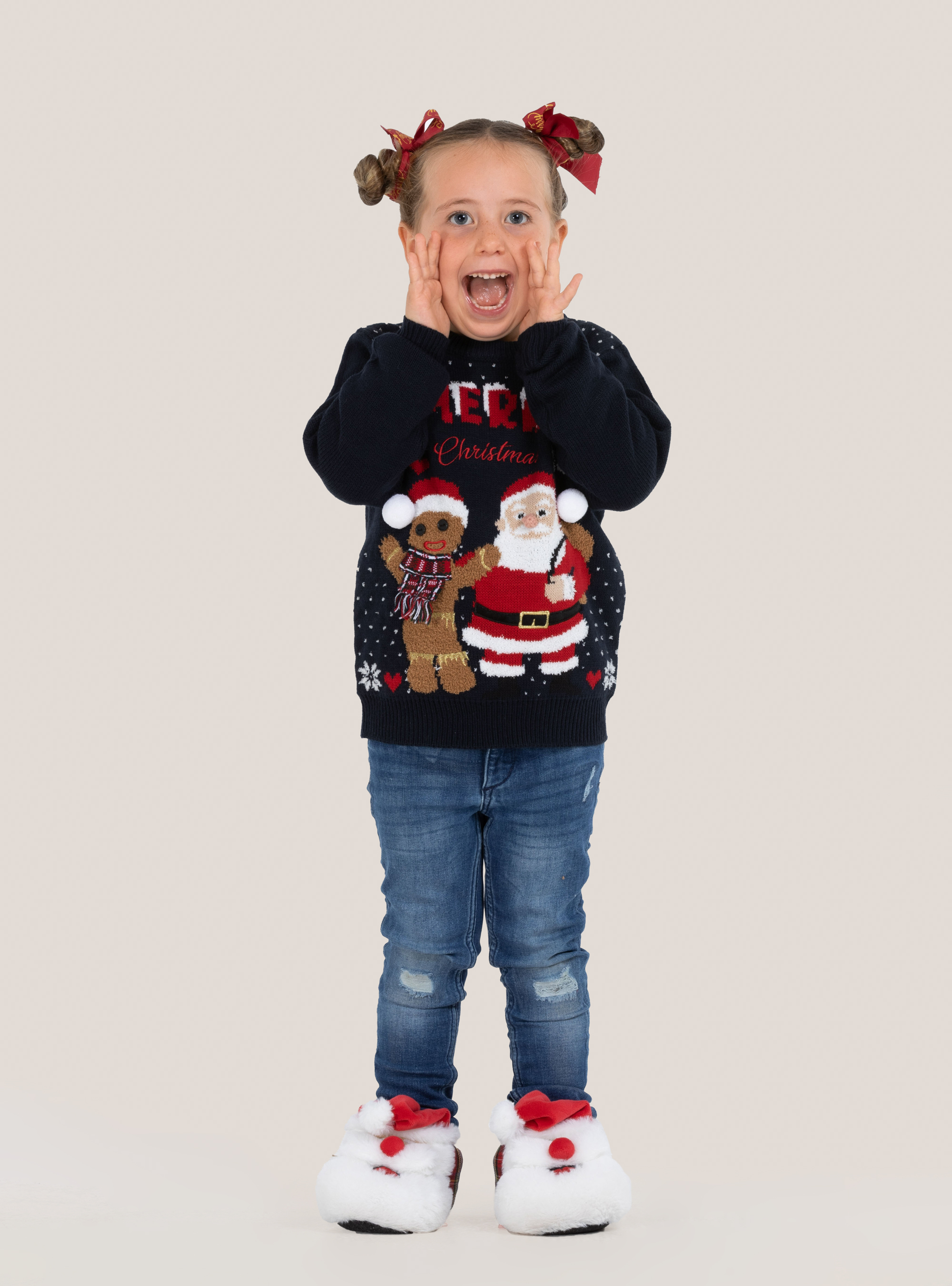 Christmas pullover for kids with gingerbread man and Santa Claus, C210 BLUE NAVY