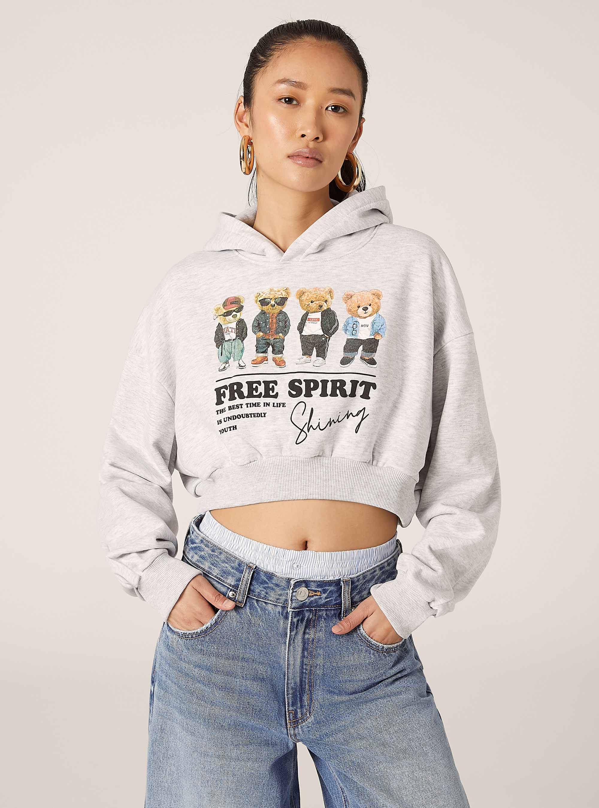 Sudadera crop fit con estampado Teddy, MGY3 GREY MEL LIGHT