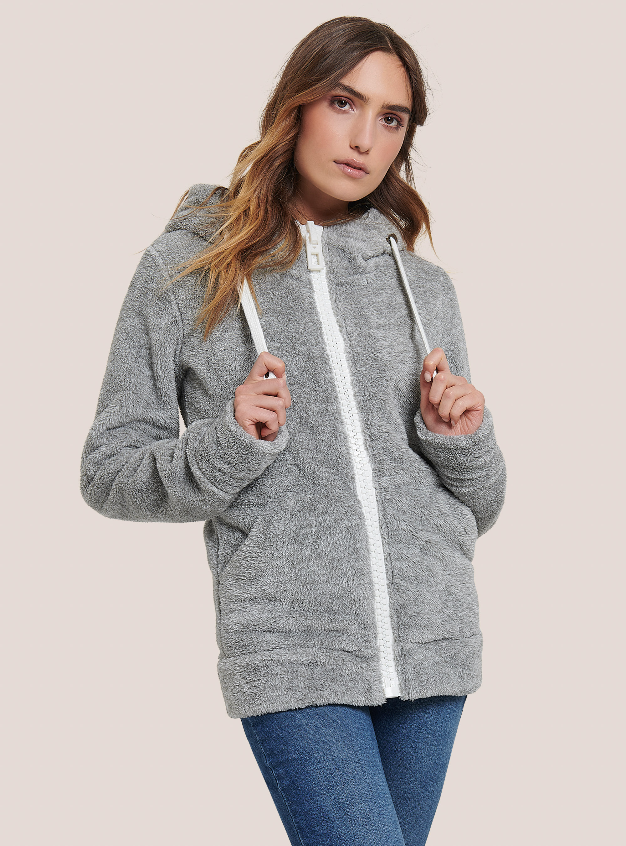 Felpa con zip maxi e cappuccio con orecchie