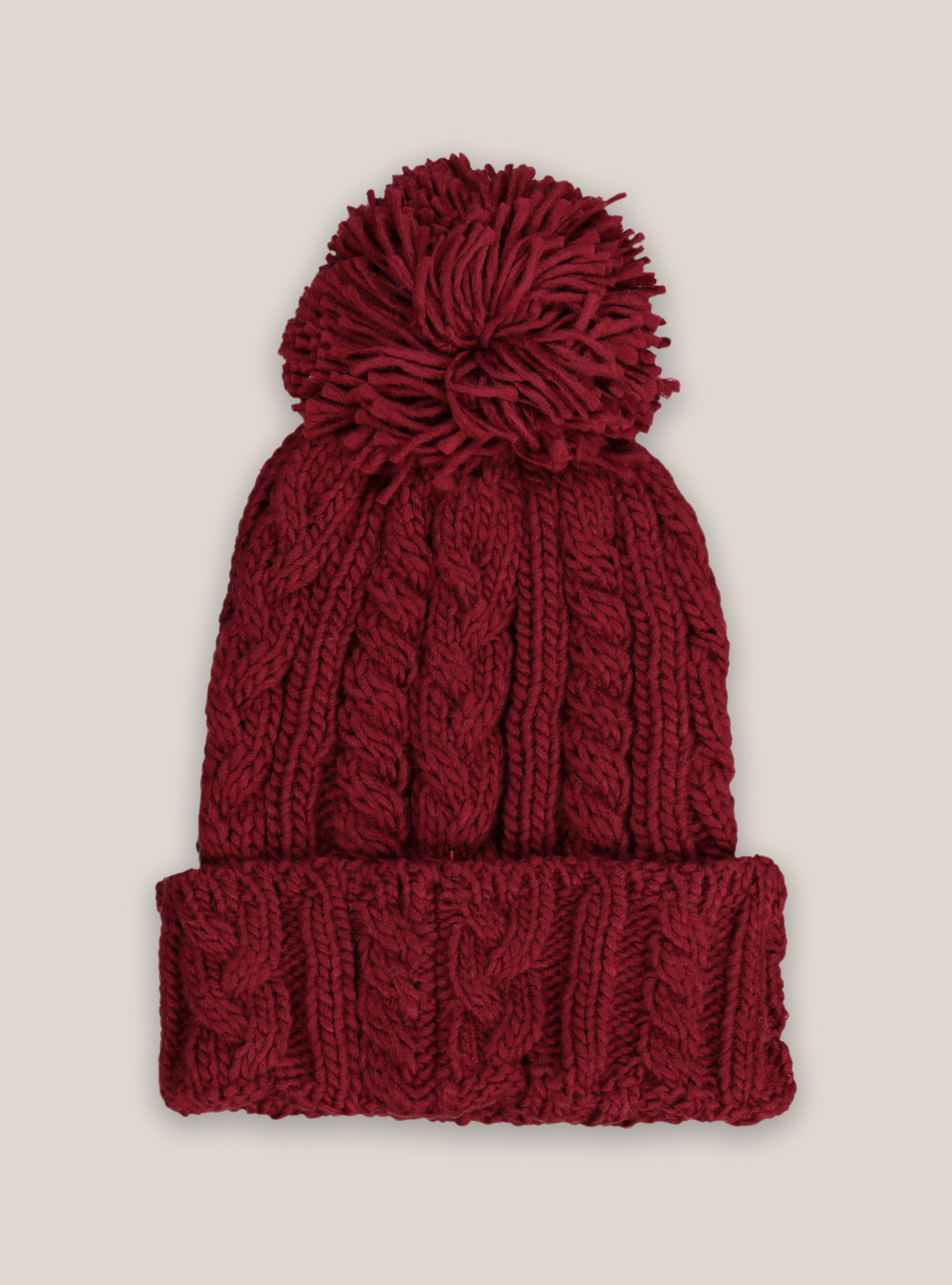 HAT WITH PON PON AND PATCH, BORDEAUX