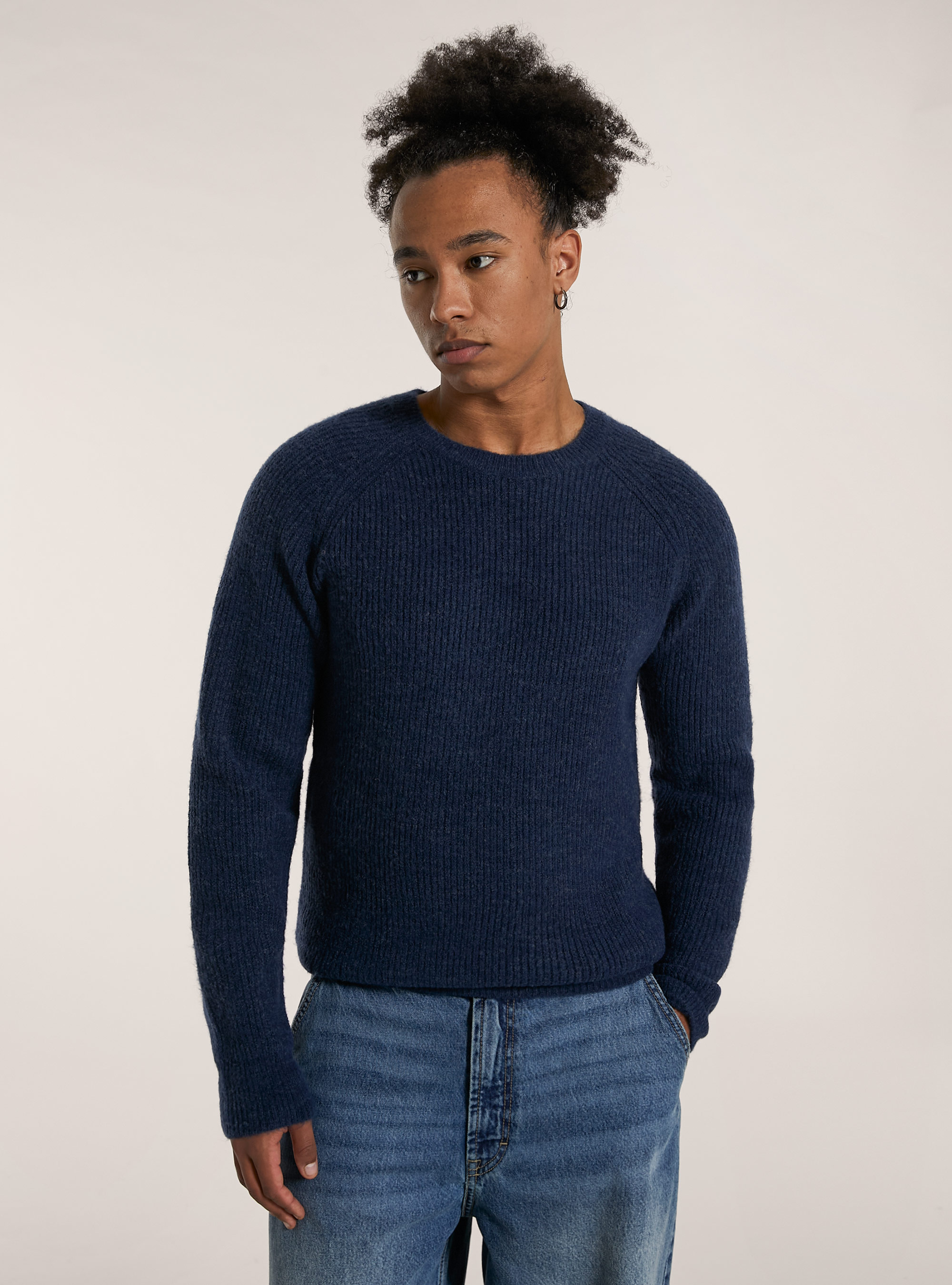 Jersey de canalé inglés en mezcla de lana, MBL1 BLUE MED DARK