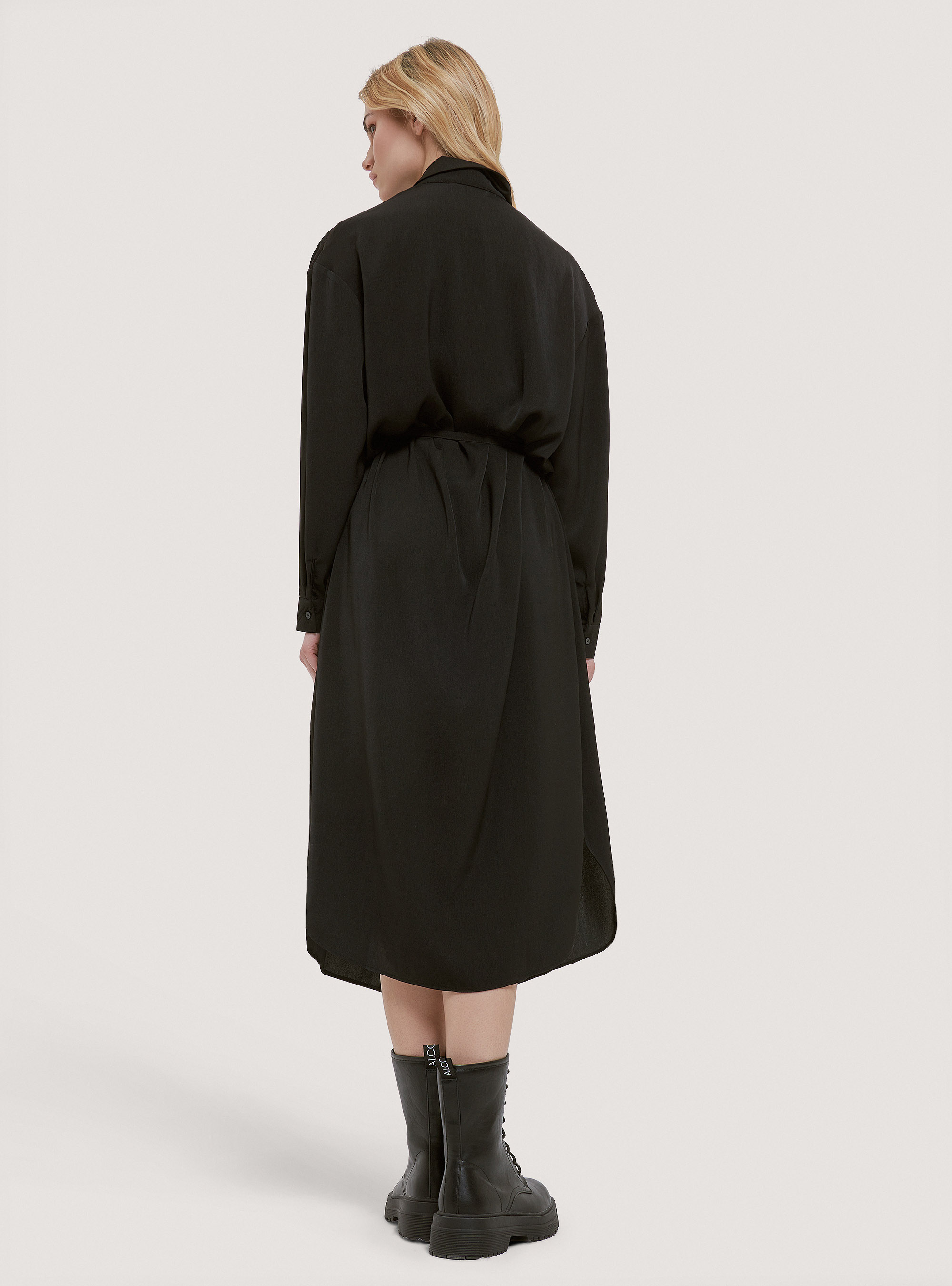 Satin chemisier with belt, BLACK