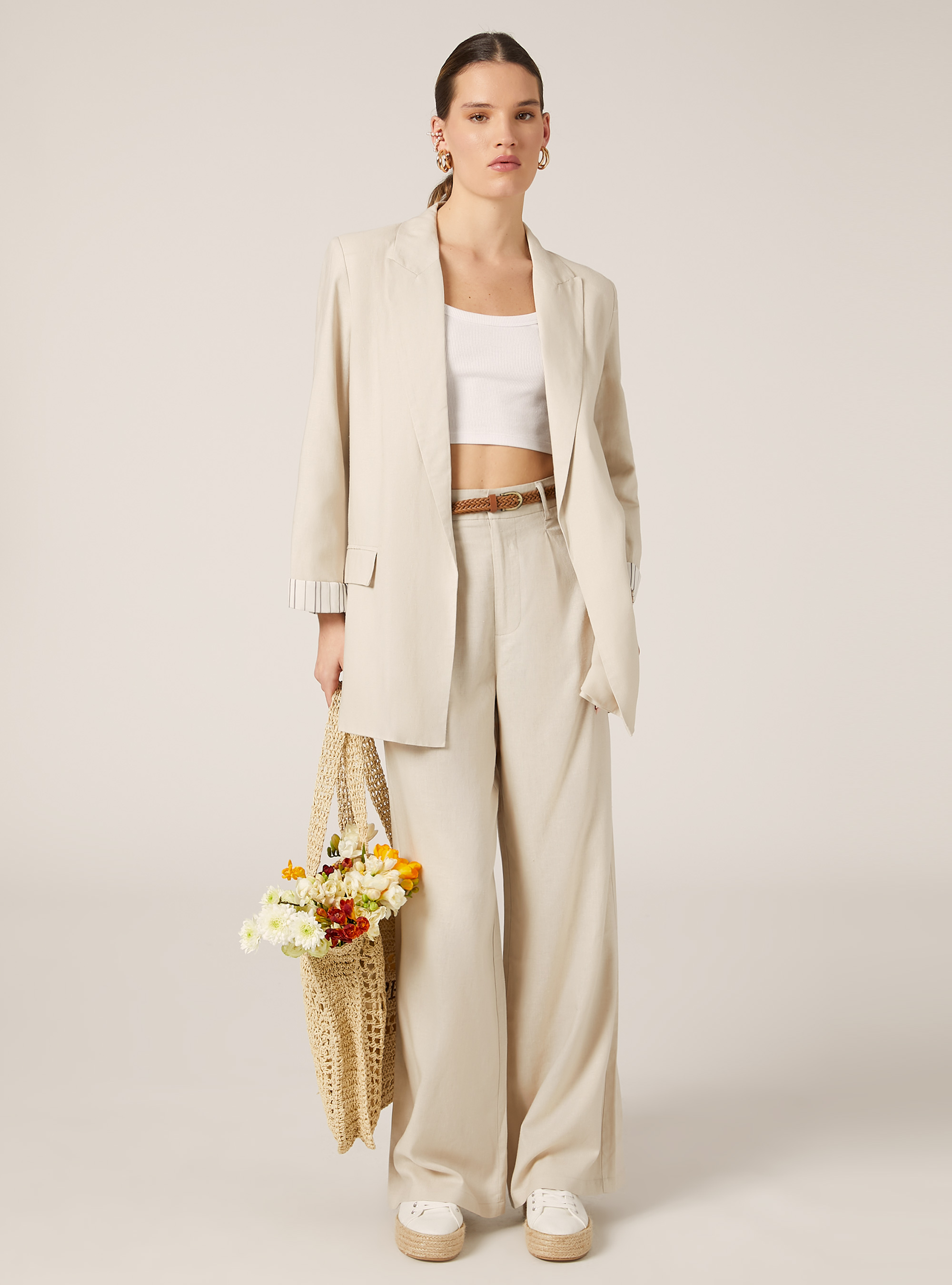 Pantalon en lin m&eacute;lang&eacute; avec ceinture, BG2 BEIGE MEDIUM