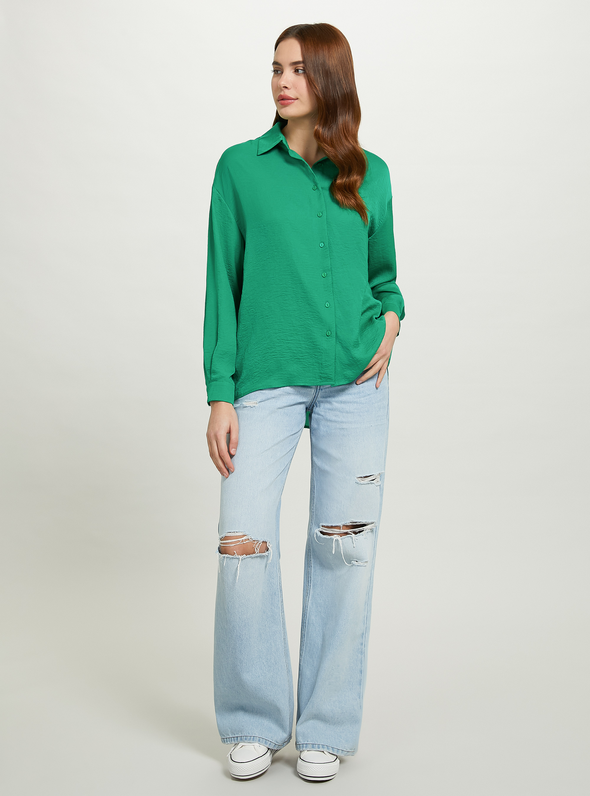 Solid-coloured satin shirt, GN2 GREEN MEDIUM