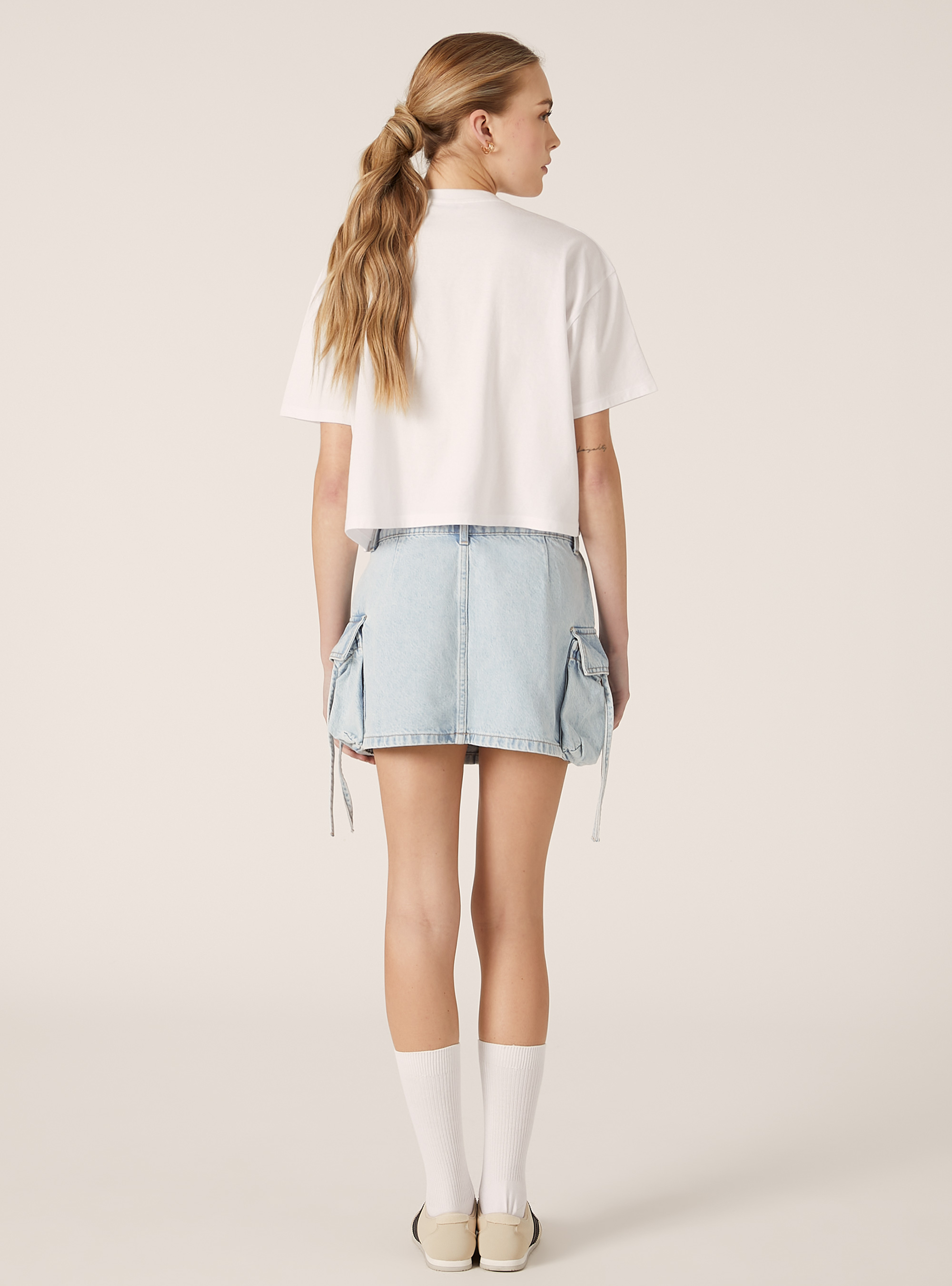 Falda vaquera cargo con lazos, D006 AZURE