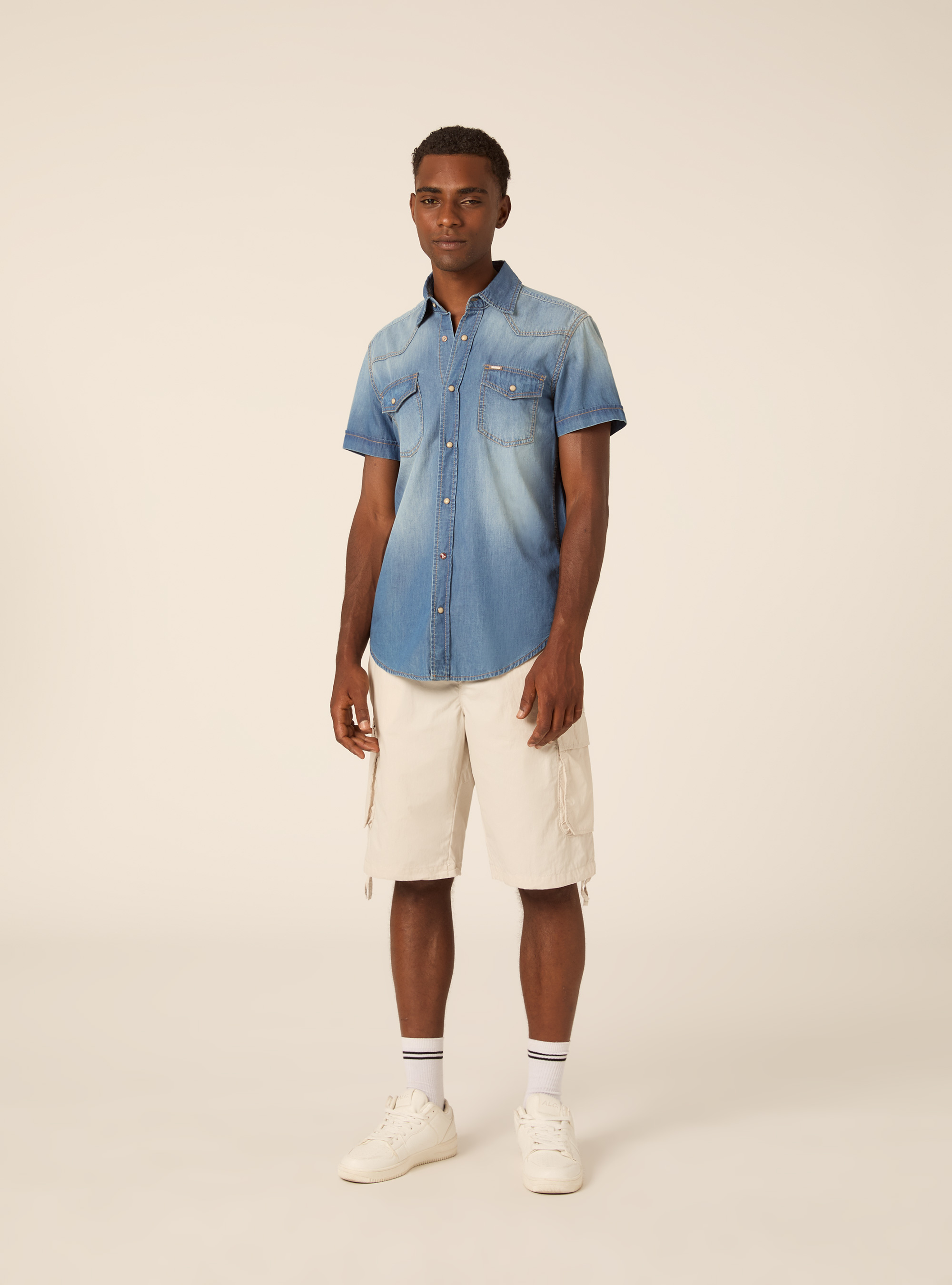Camicia denim mezza manica, D003 MEDIUM BLUE