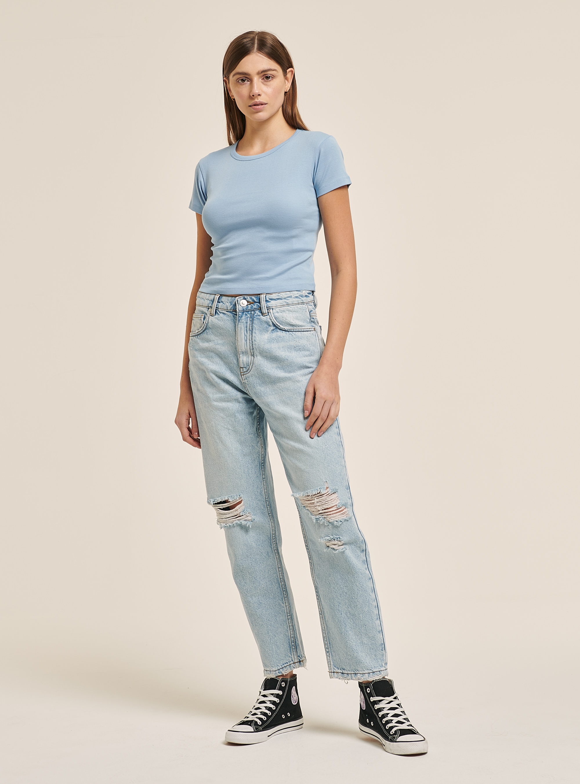 Maglietta crop a costine, AZZURRO