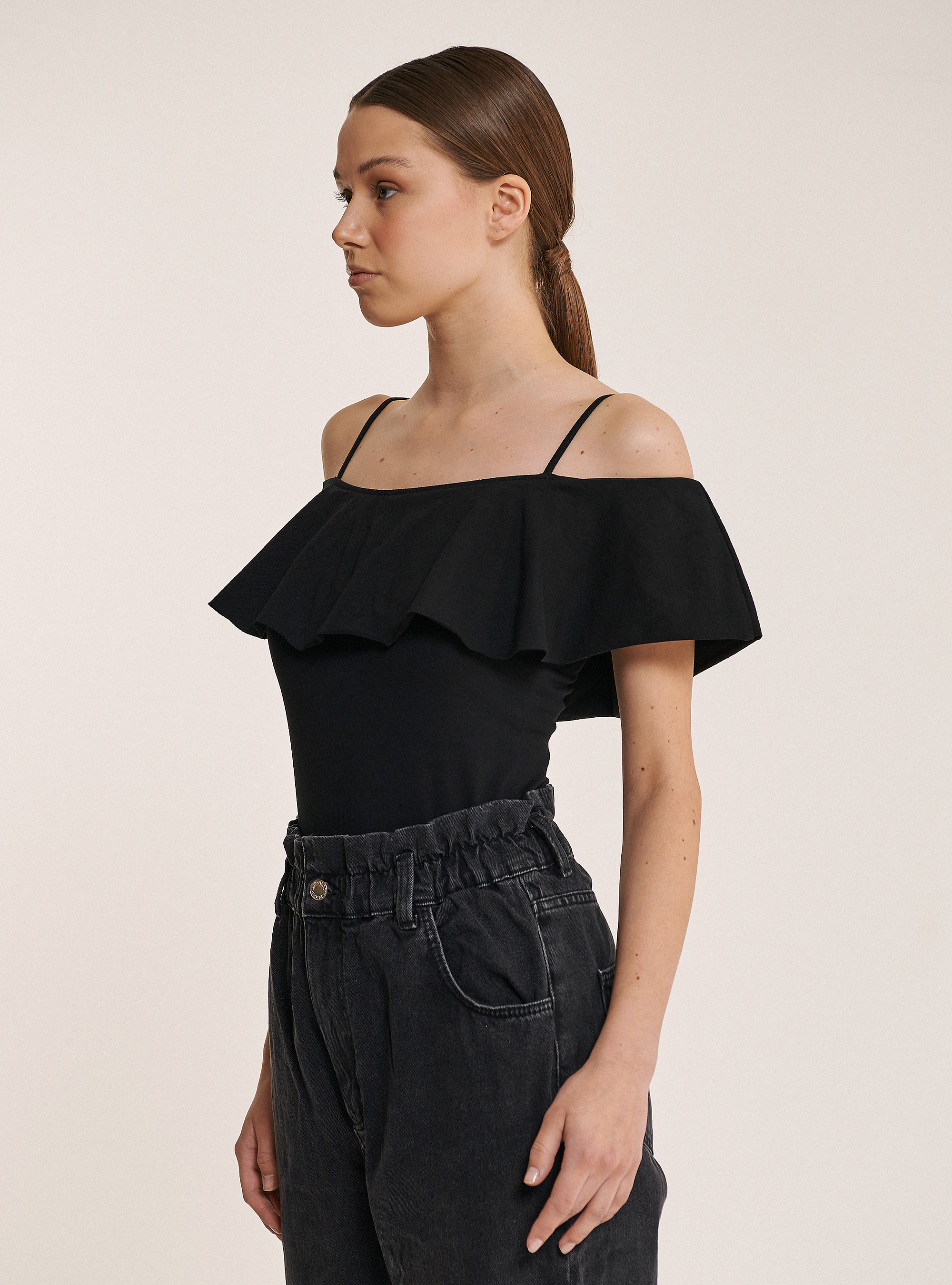 Body de algod&oacute;n con volantes, NEGRO