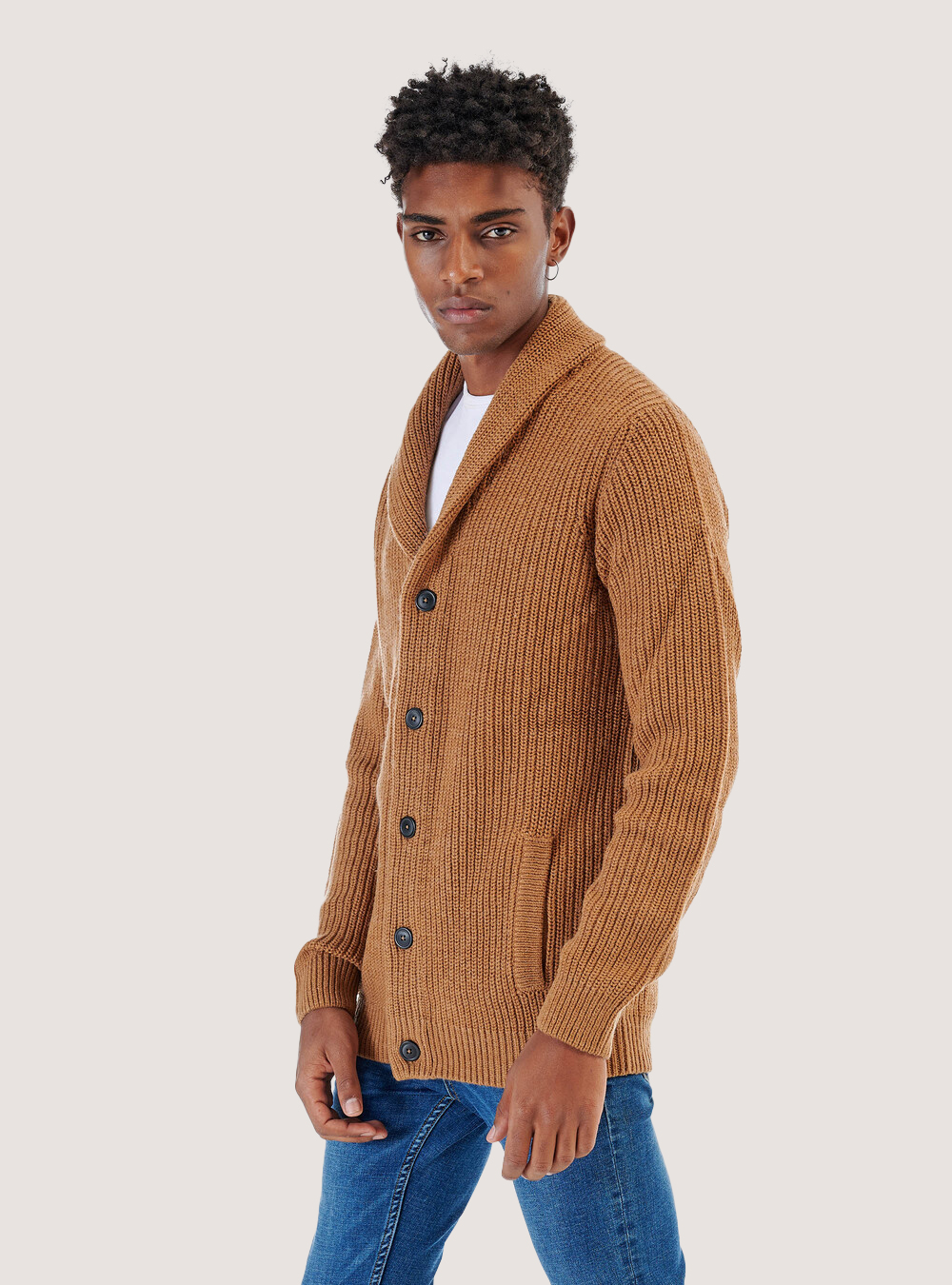 Pullover cardigan costa inglese misto lana, CAMELLO