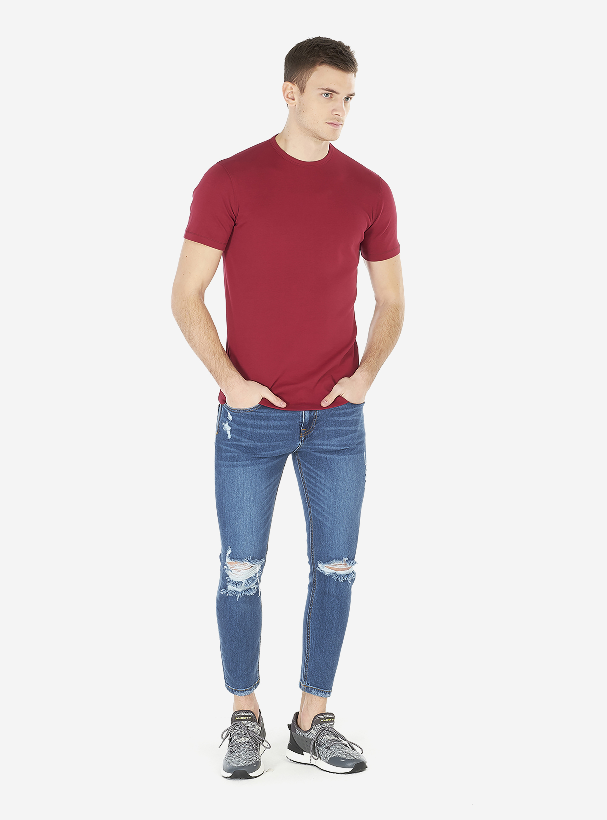 Elastic cotton comfort-stretch round neck t-shirt., BORDEAUX