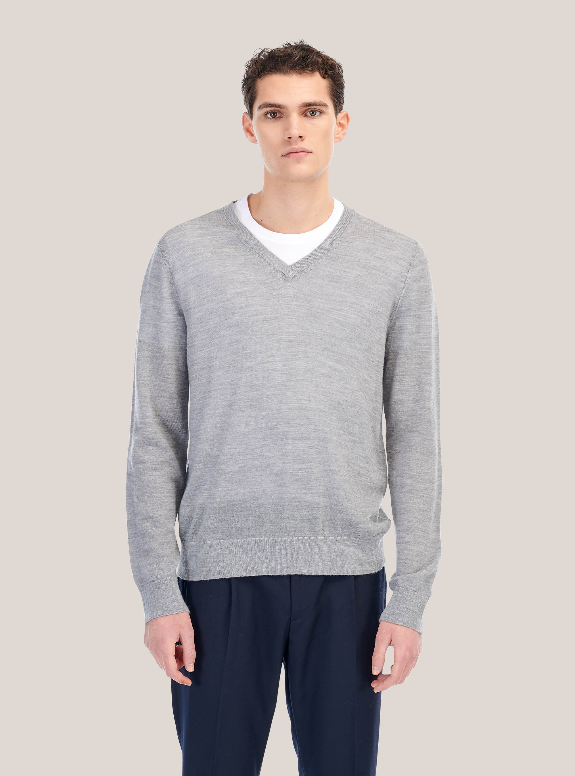 Jersey con cuello pico de lana de merino, GRIS MELANGE