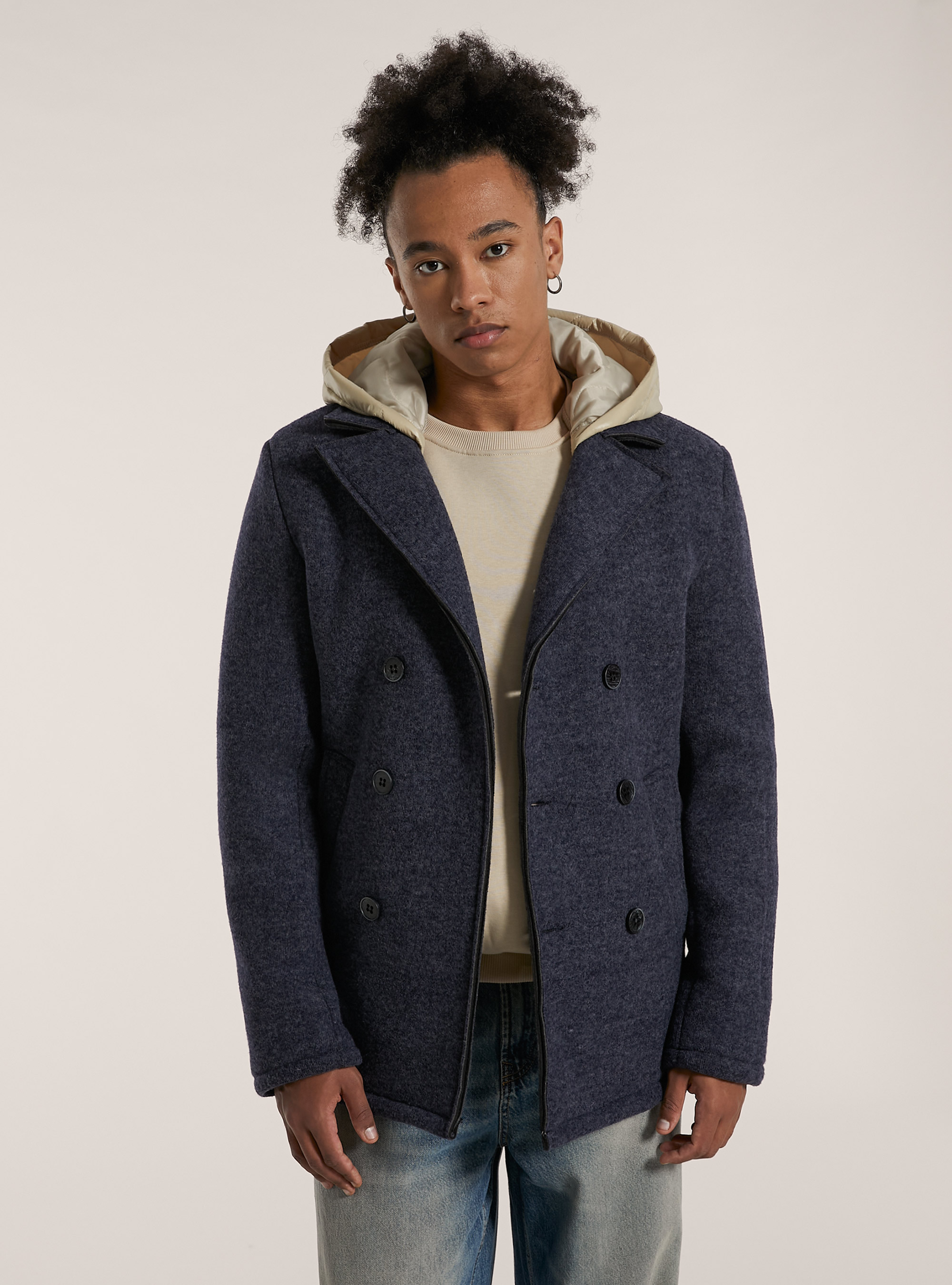 Cappotto doppiopetto con cappuccio trapuntato, NA1 NAVY DARK