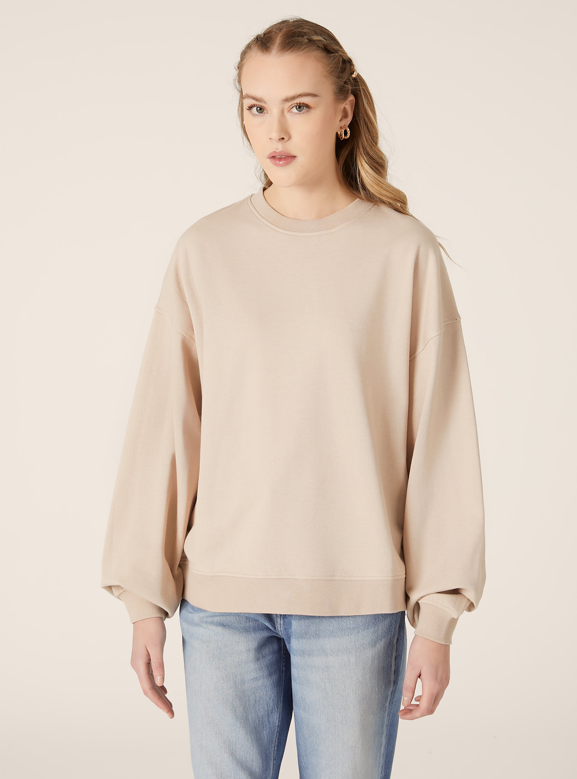 Plain-coloured cotton crew-neck sweatshirt, BG2 BEIGE MEDIUM