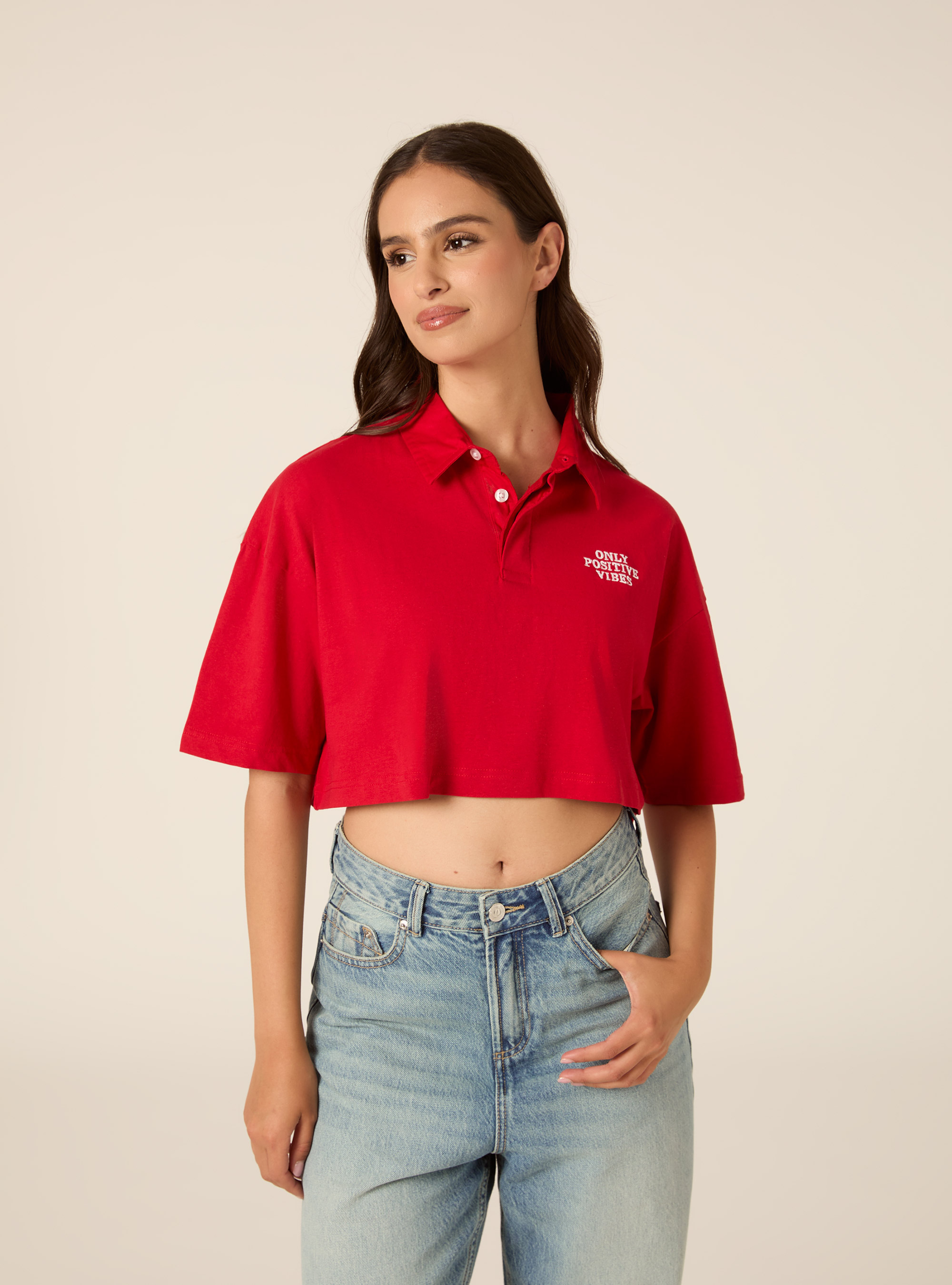 Polo crop tinta unita con ricamo, RD2 RED MEDIUM