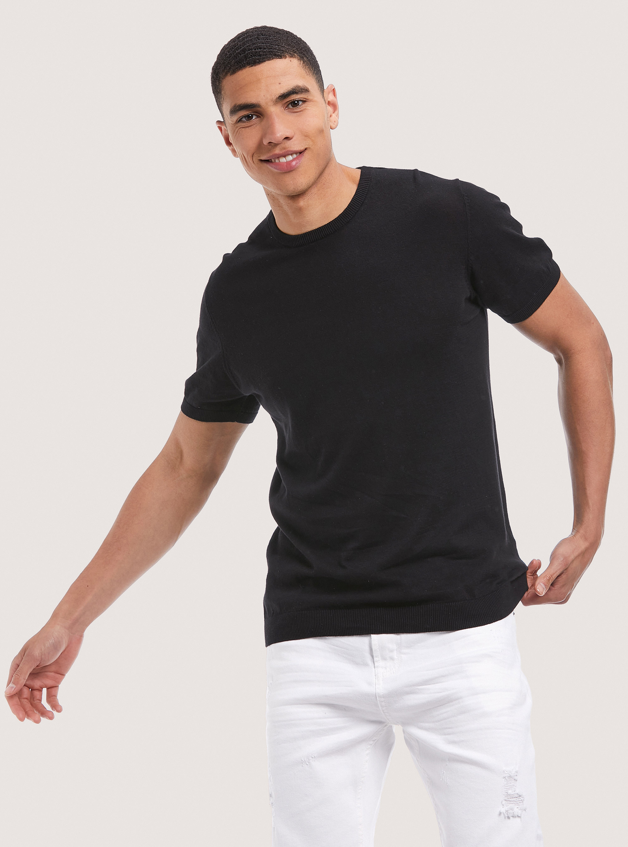 Short-sleeved cotton pullover, BLACK