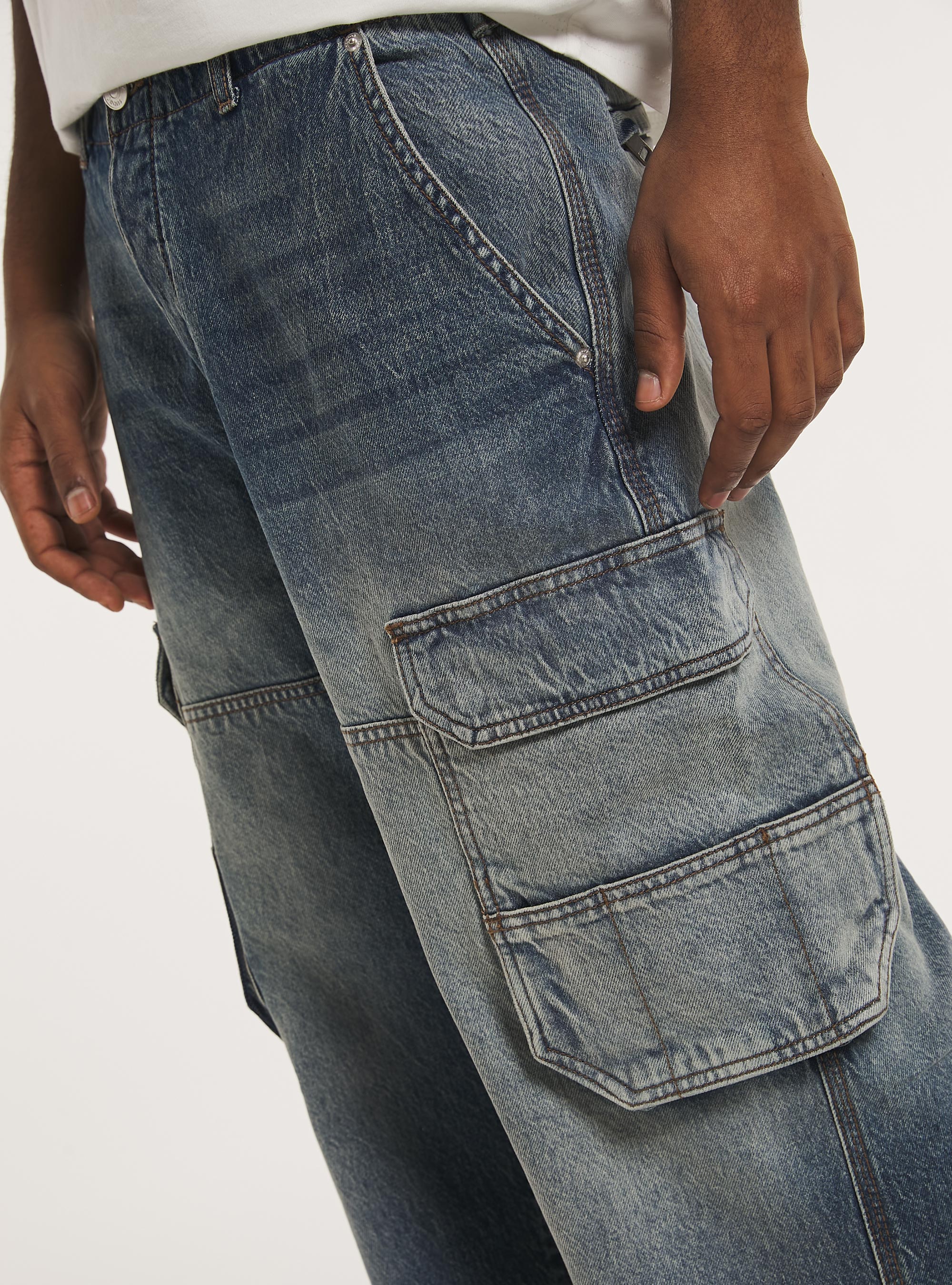 Jeans cargo multipocket relaxed fit, D003 MEDIUM BLUE