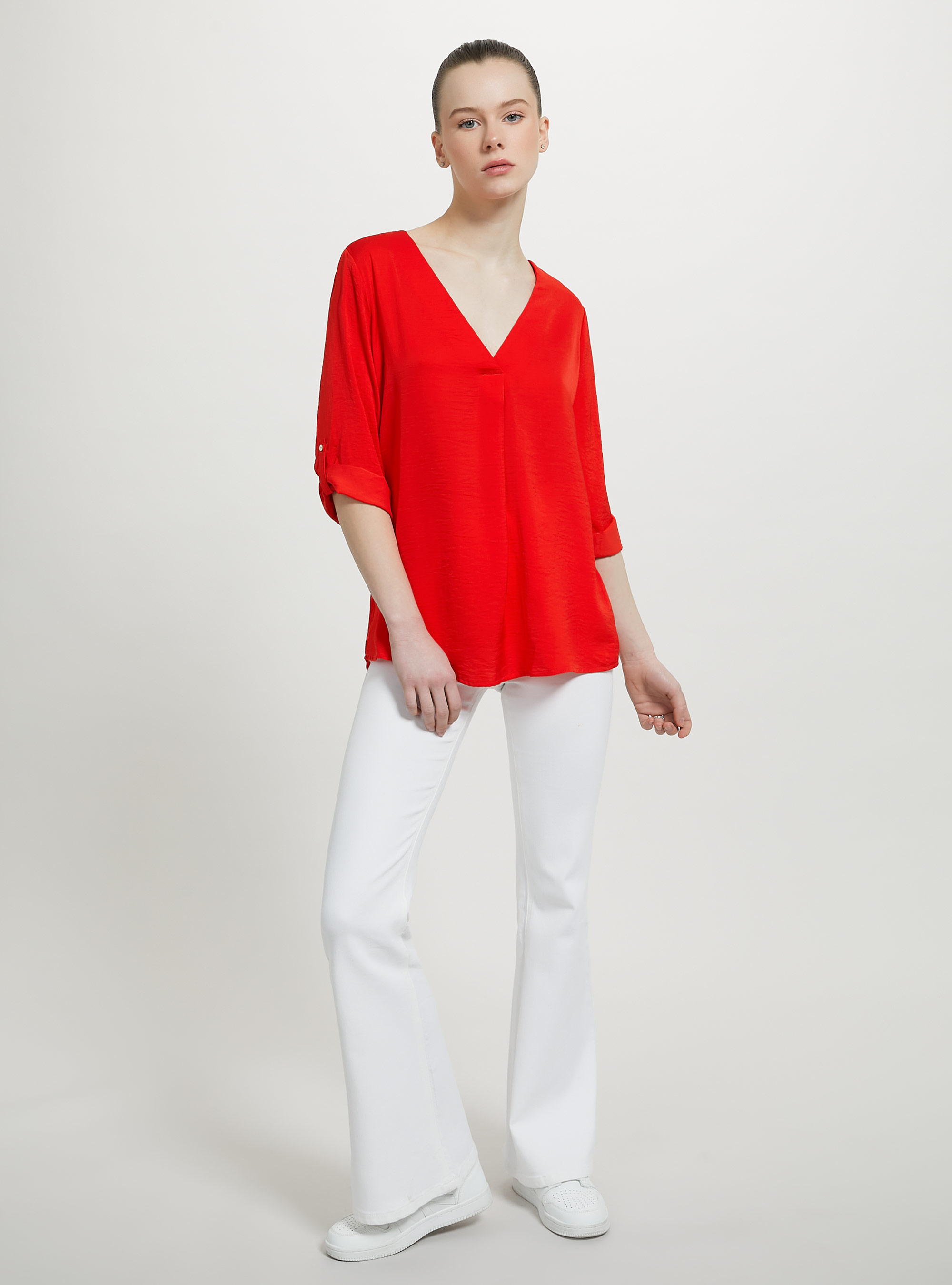 Blusa lisa con escote, RD2 RED MEDIUM