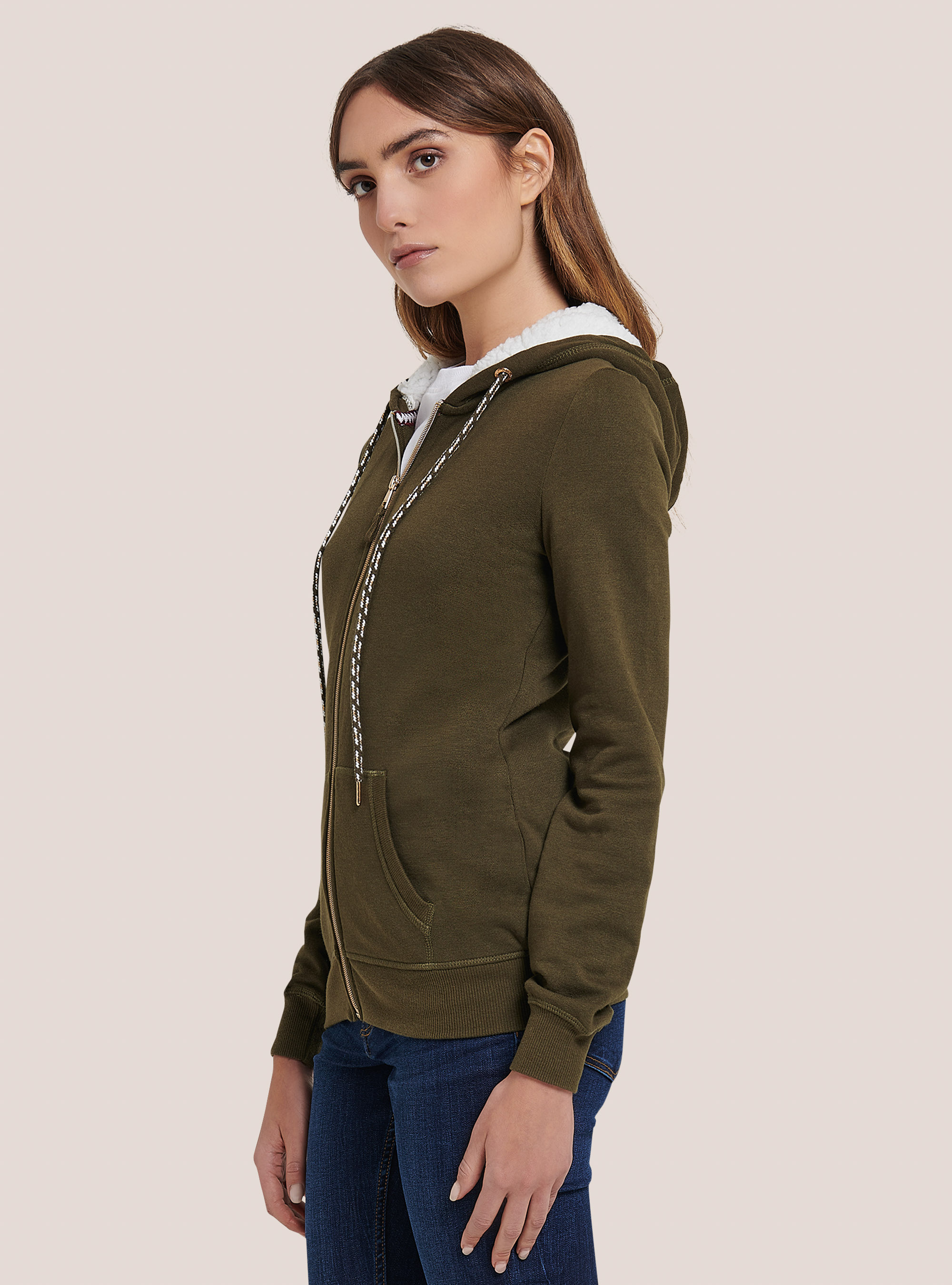 Sweatshirt with zip and faux fur hood, KAKI